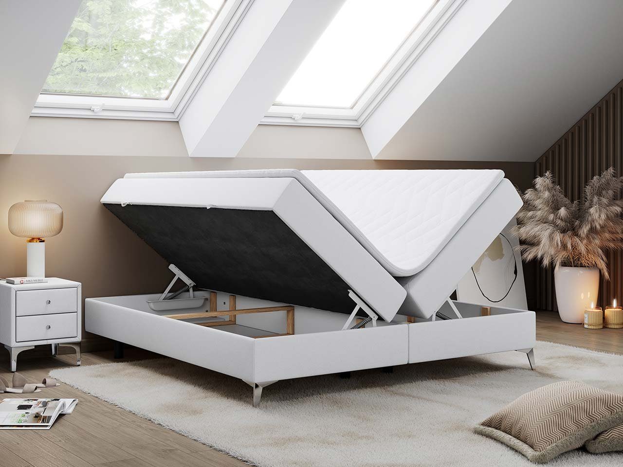 MKS MÖBEL Boxspringbett LESS, Doppelbett mit Multipocket-Matratze, Topper und Bettkasten, Modern
