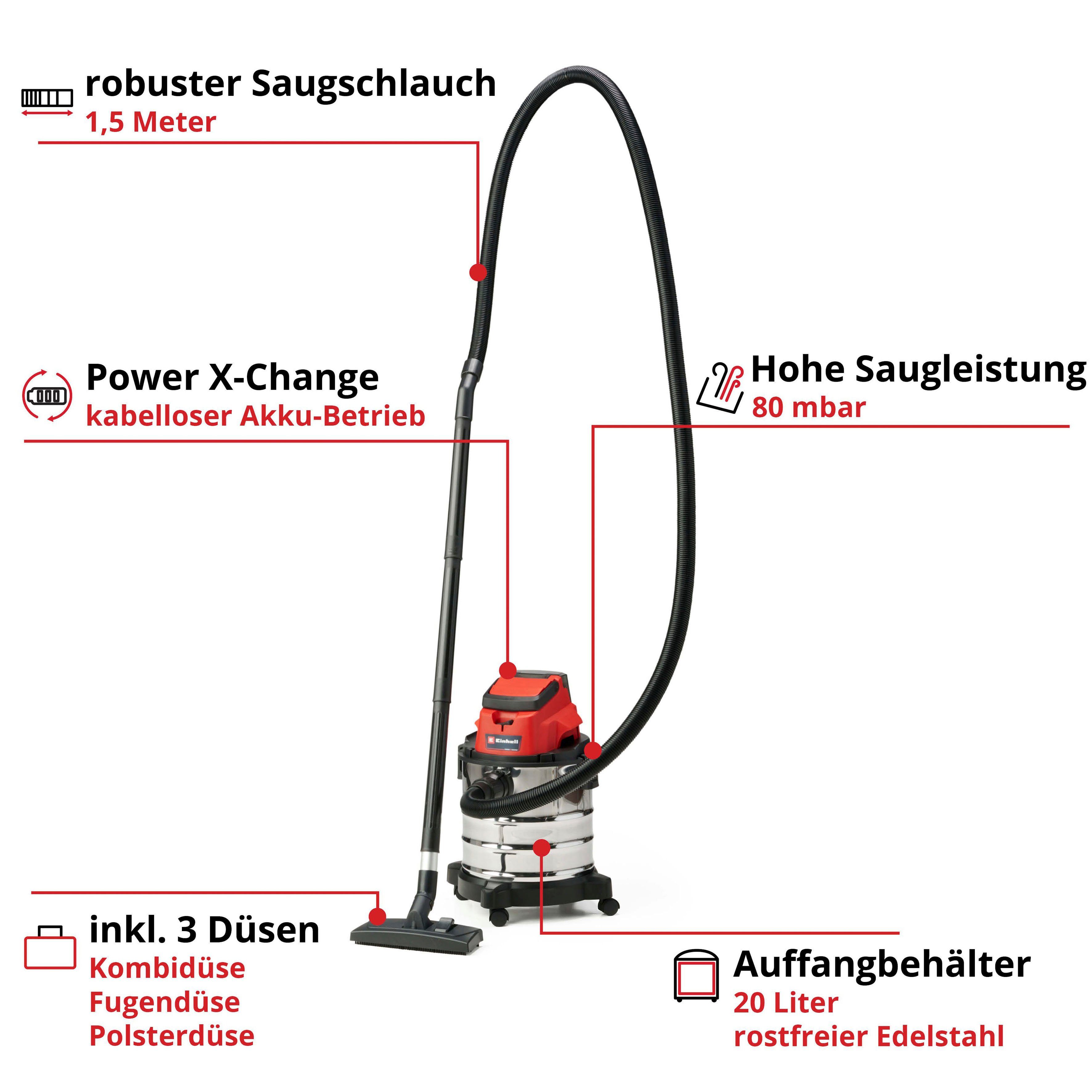 Einhell Nass-Trocken-Akkusauger TC-VC 18/20 Li S - Solo, 900 W, mit Beutel, Power X-Change, ohne Akku und Ladegerät