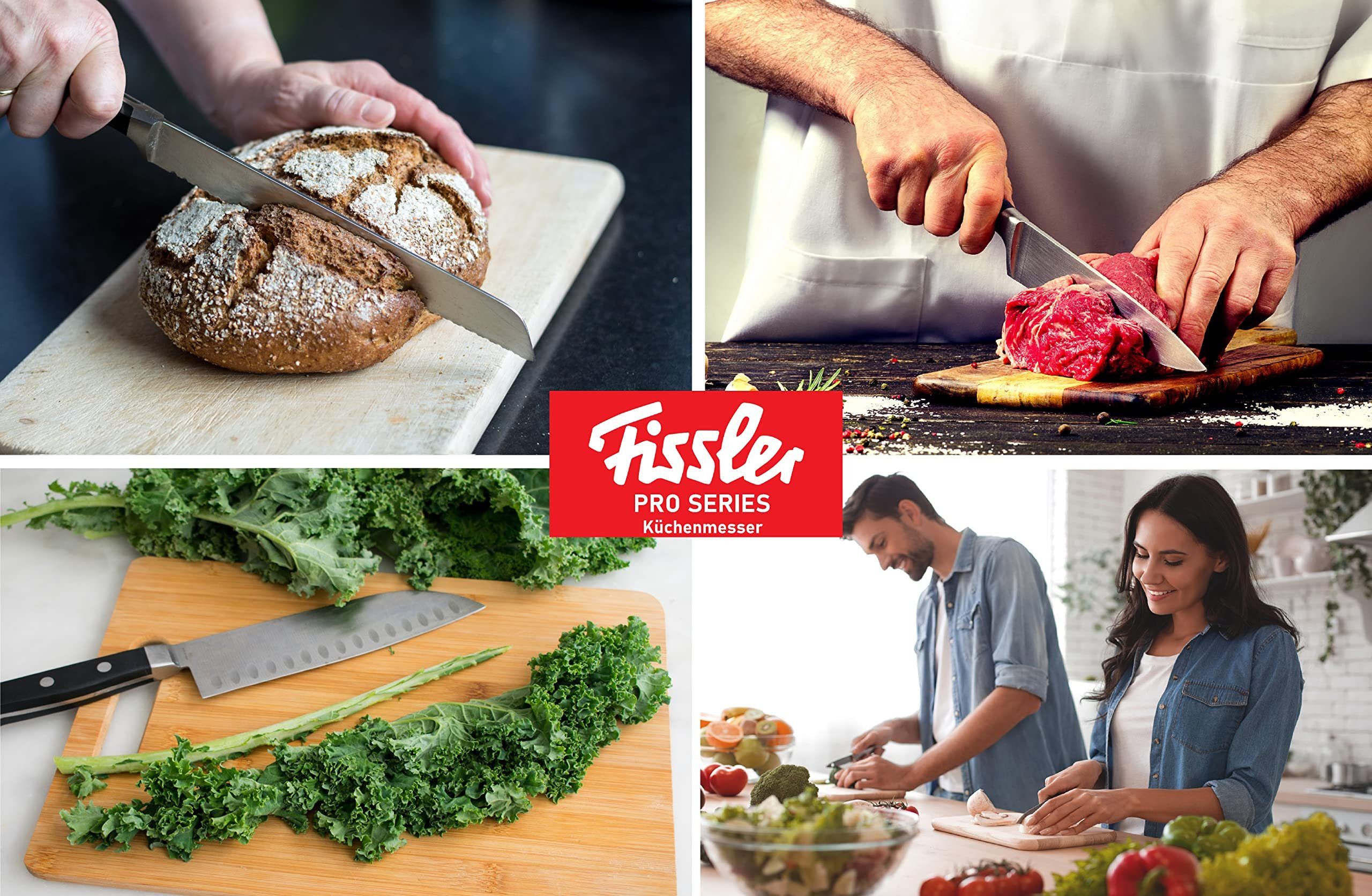 Fissler Messer-Set Profi Santoku Messer 13cm+16cm& Brotmesser 18cm+ Kochmesser 19cm 4 Tlg (rostfrei, vernietete Griffe, Spülmaschinenfest, Gemüsemesser, Messer, 4-tlg., Universalmesser mit Laserschliff, gehärtete Spezialklingen), Kochmesser, Fleischm