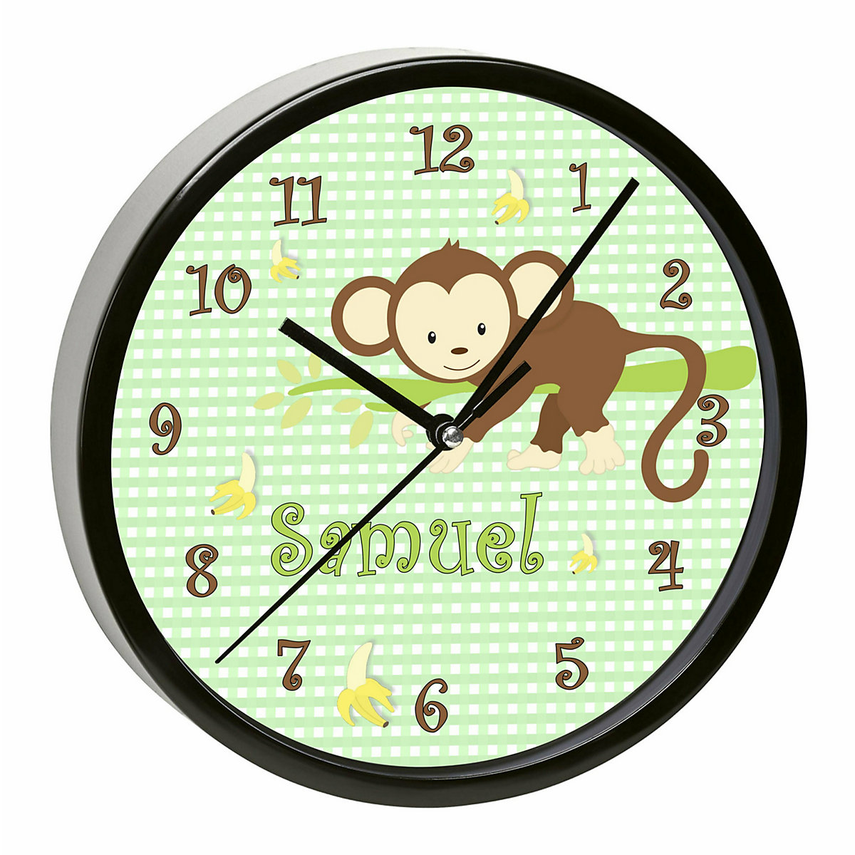 Kinder Wanduhr personalisiert mit Name Affe hängend Grün