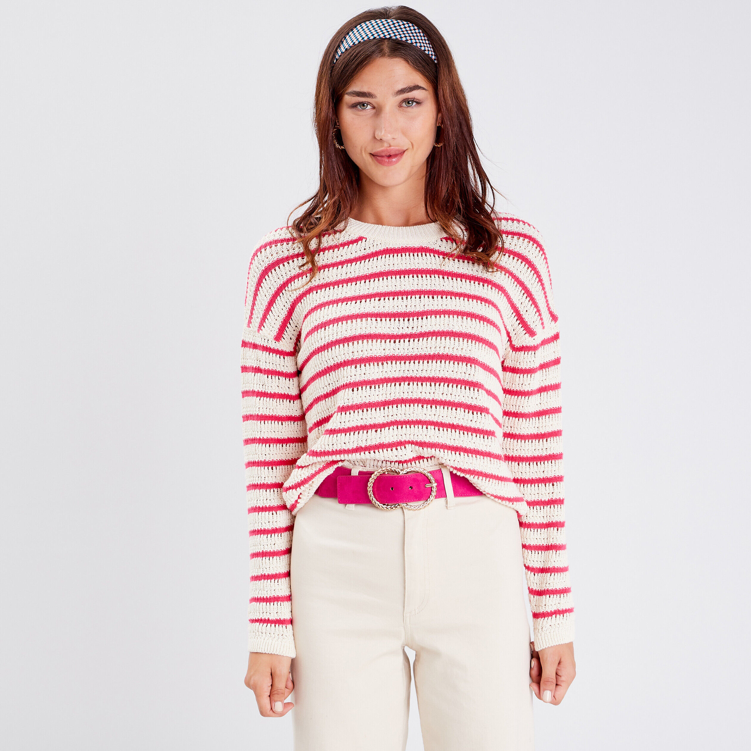 Pull manches longues ajouré rose vif femme | Cache Cache