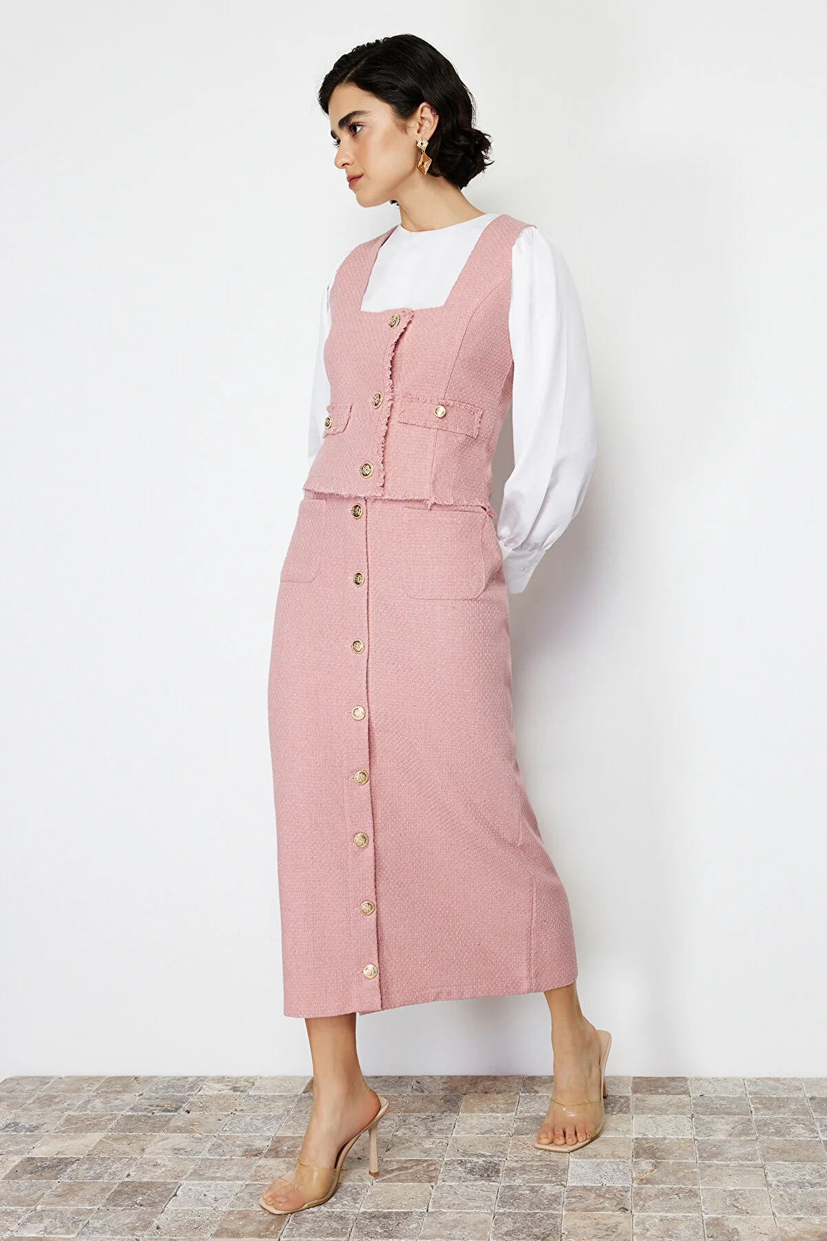 Trendyol Modest  Fuchsiafarbenes Tweed-Westenrock-Set mit gewebtem Unterteil und Oberteil TCTSS24US00013