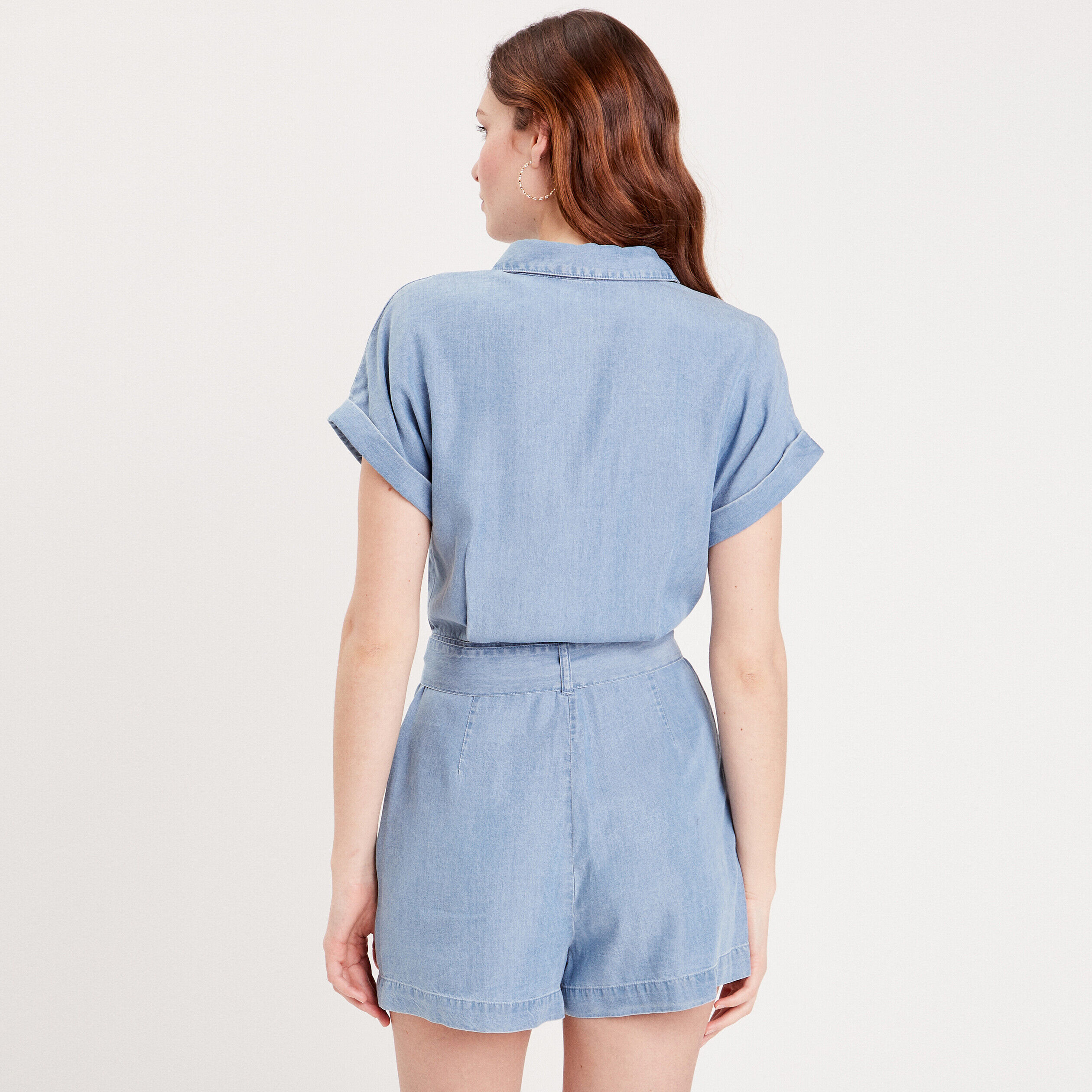 Combishort boutonnée à ceinture denim bleach femme | Cache Cache