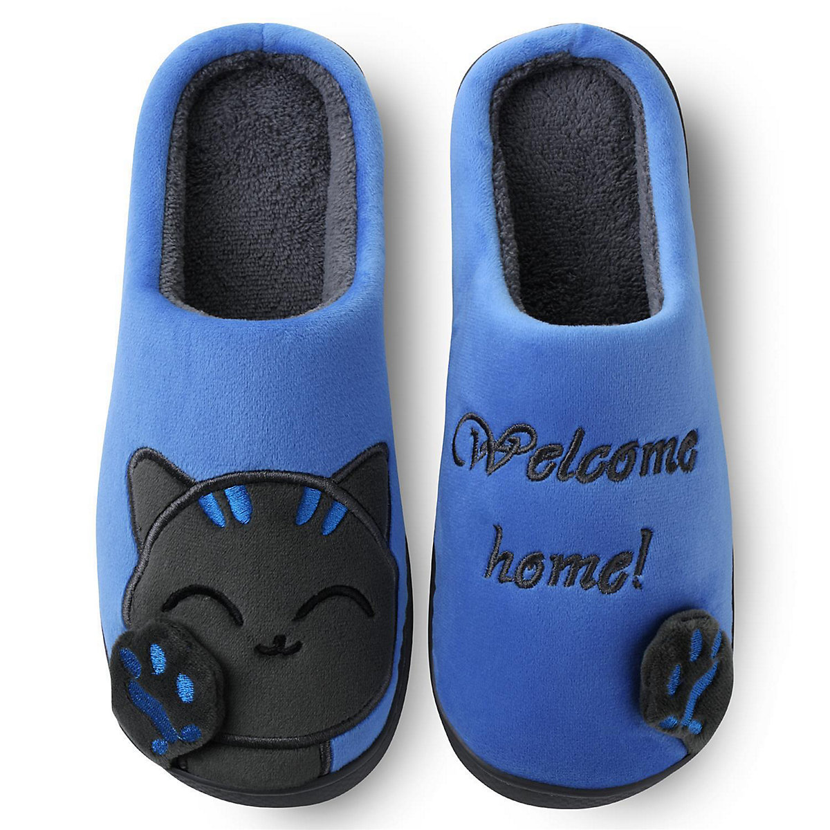 Plüsch Hausschuh Pantoffel Katze blau
