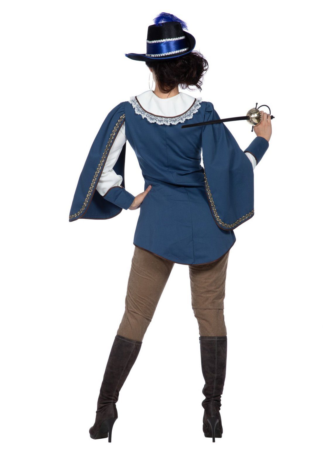 Metamorph Kostüm Blaues Musketier Kostüm für Frauen, Barocke Lady mit Mantel und Hose