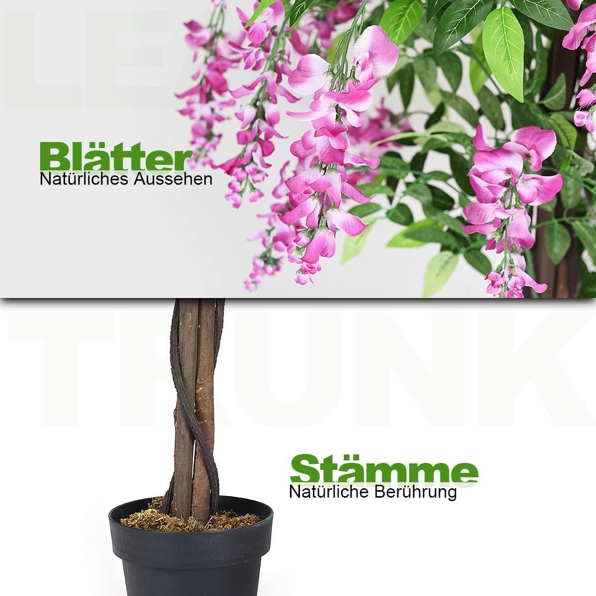 Kunstbaum, COSTWAY, Höhe 180 cm, mit Blüten und Töpf, Blättern & 2 Stämmen