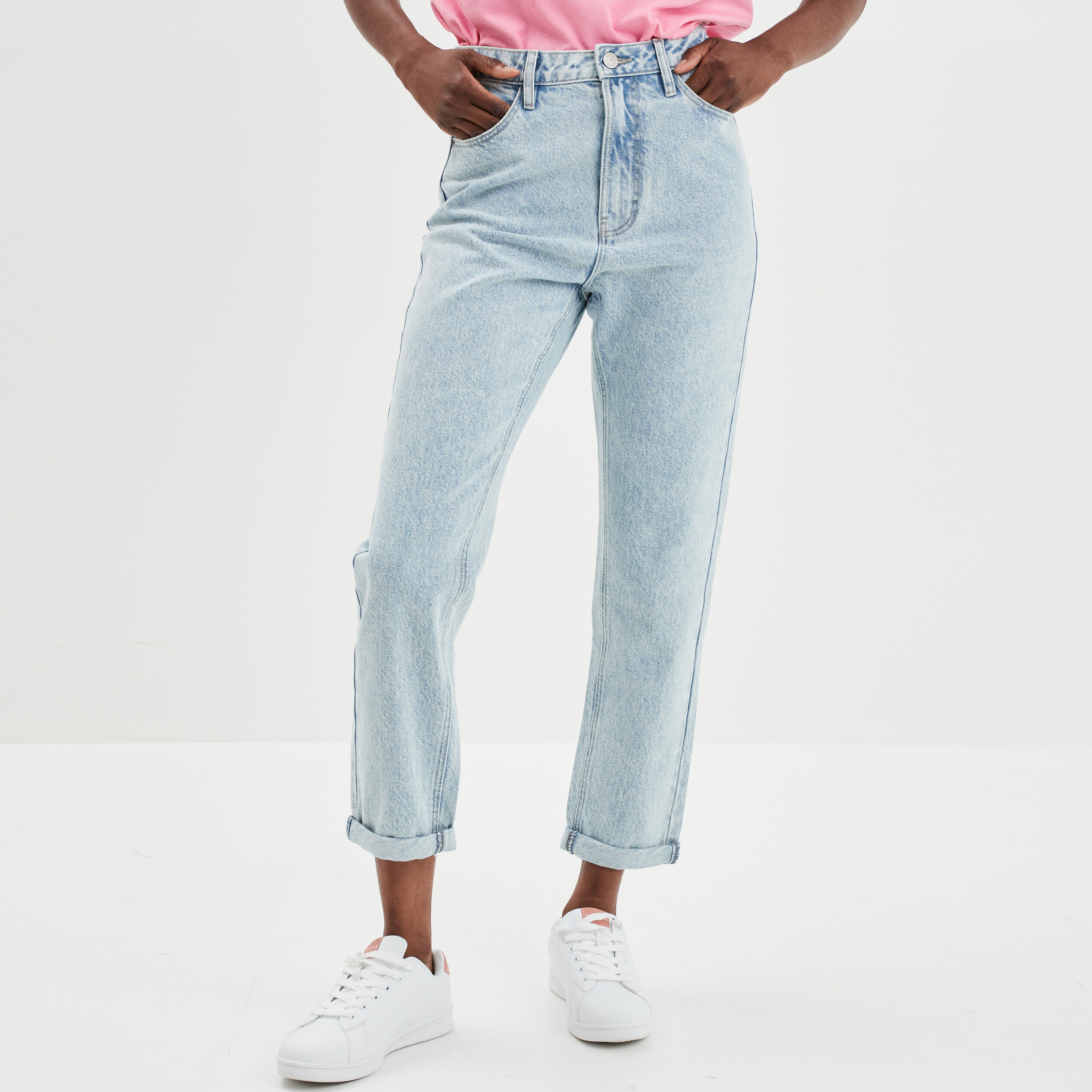 Jeans mom taille haute 7 8ème coton denim double stone femme | La Halle