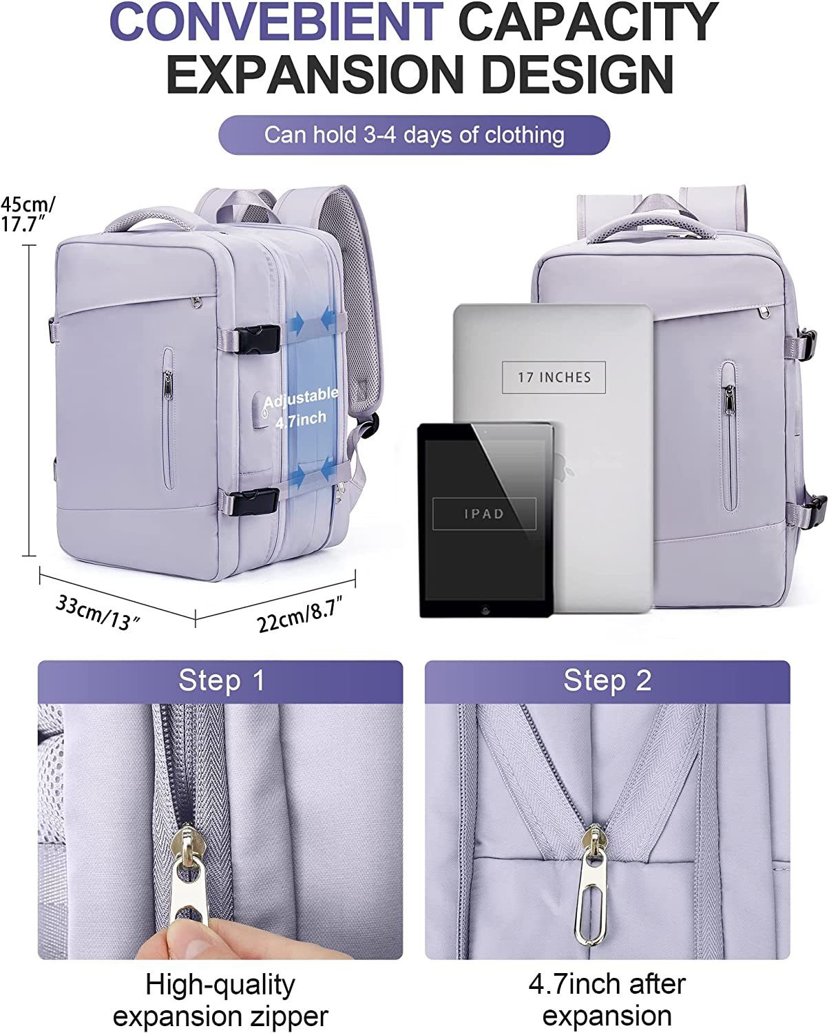 Directin Reiserucksack Reiserucksack, Lässiger Tagesrucksack Schultasche, Laptop Rucksack (Set, 26-40L, Für Laptop bis 15,6,16,17 Zoll, mit USB-Lade-Anschluss), mit 2 Laptopfach (passend für ein 15,6