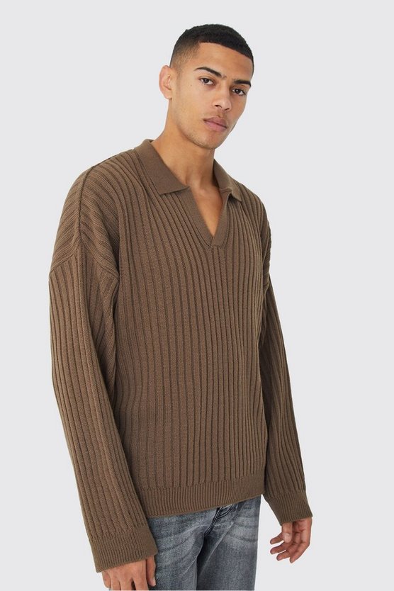 Geripptes Oversize Poloshirt mit V-Ausschnitt