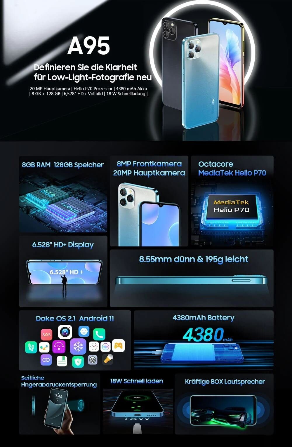 blackview A95 Smartphone (16,59 cm/6.53 Zoll, 8 GB Speicherplatz, 20 MP Kamera, Farbe wählbar)