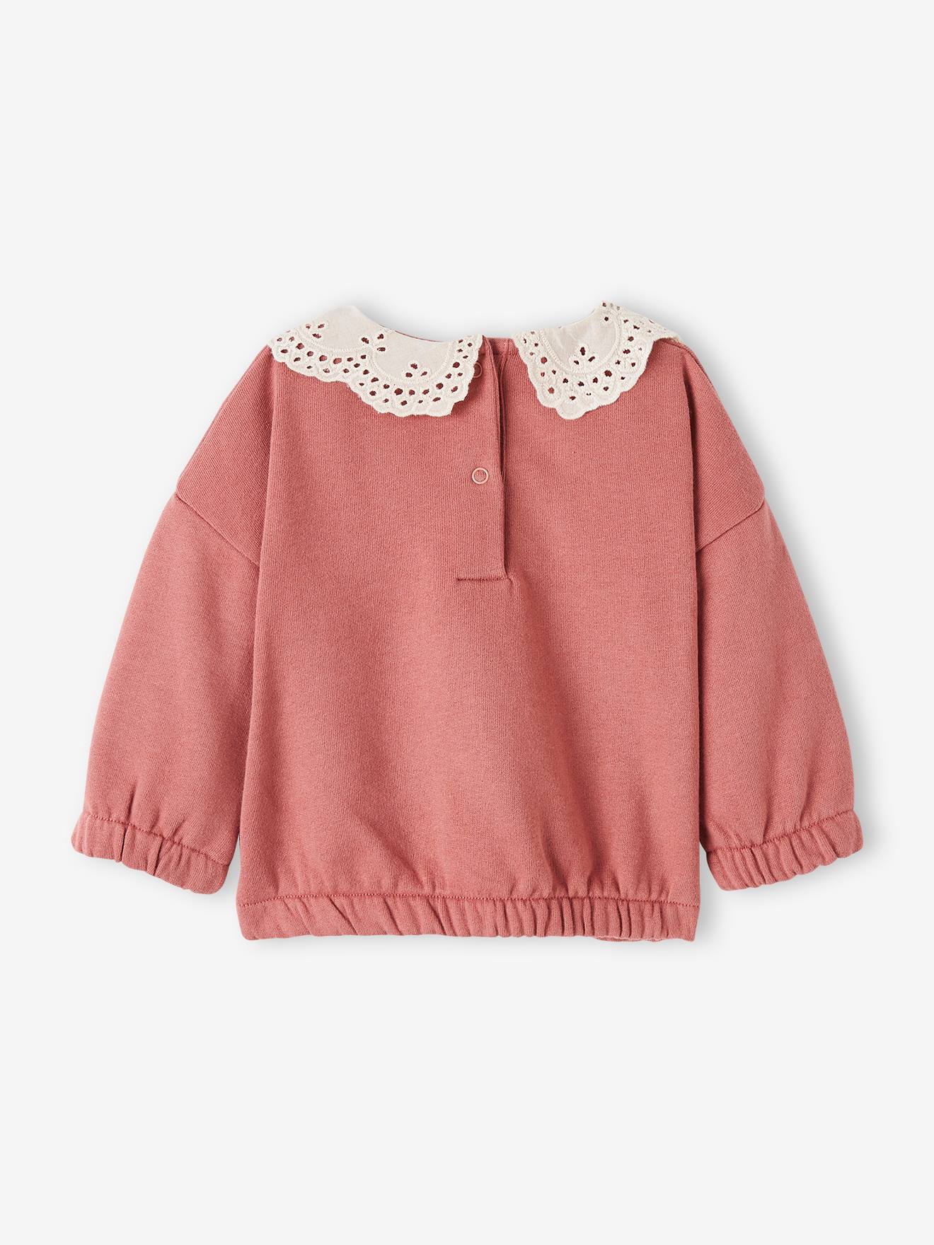 Sweat en molleton bébé col en broderie anglaise bois de rose