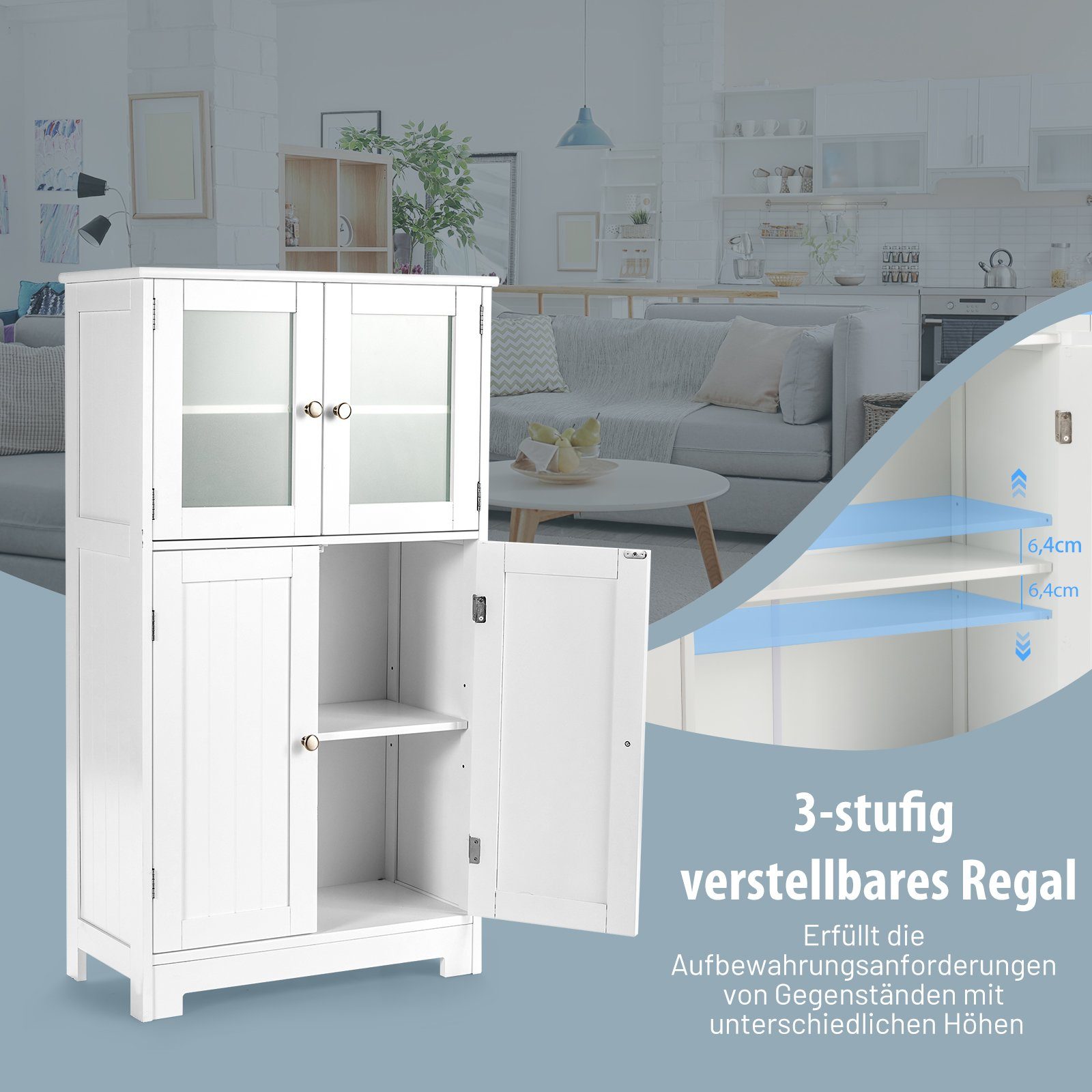 COSTWAY Mehrzweckschrank 4-türig, mit verstellbarem Regal, 58 x 30 x 109cm