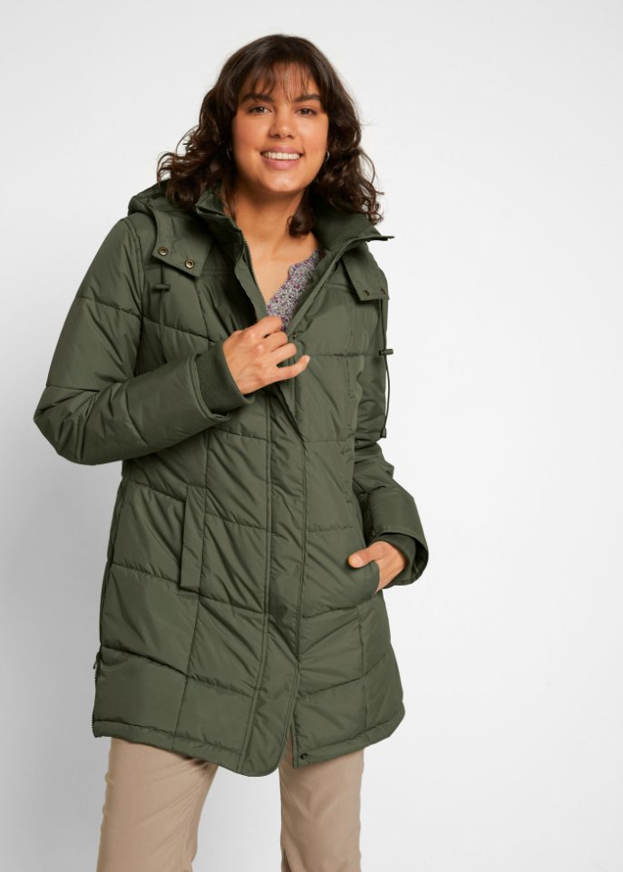 Long-Steppjacke, wattiert mit Kragen und Kapuze