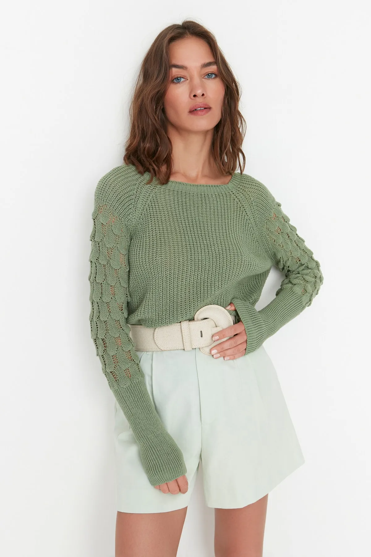 Trendyol Collection  Mintgrüner strukturierter Strickpullover mit Rundhalsausschnitt TWOAW20KZ0130