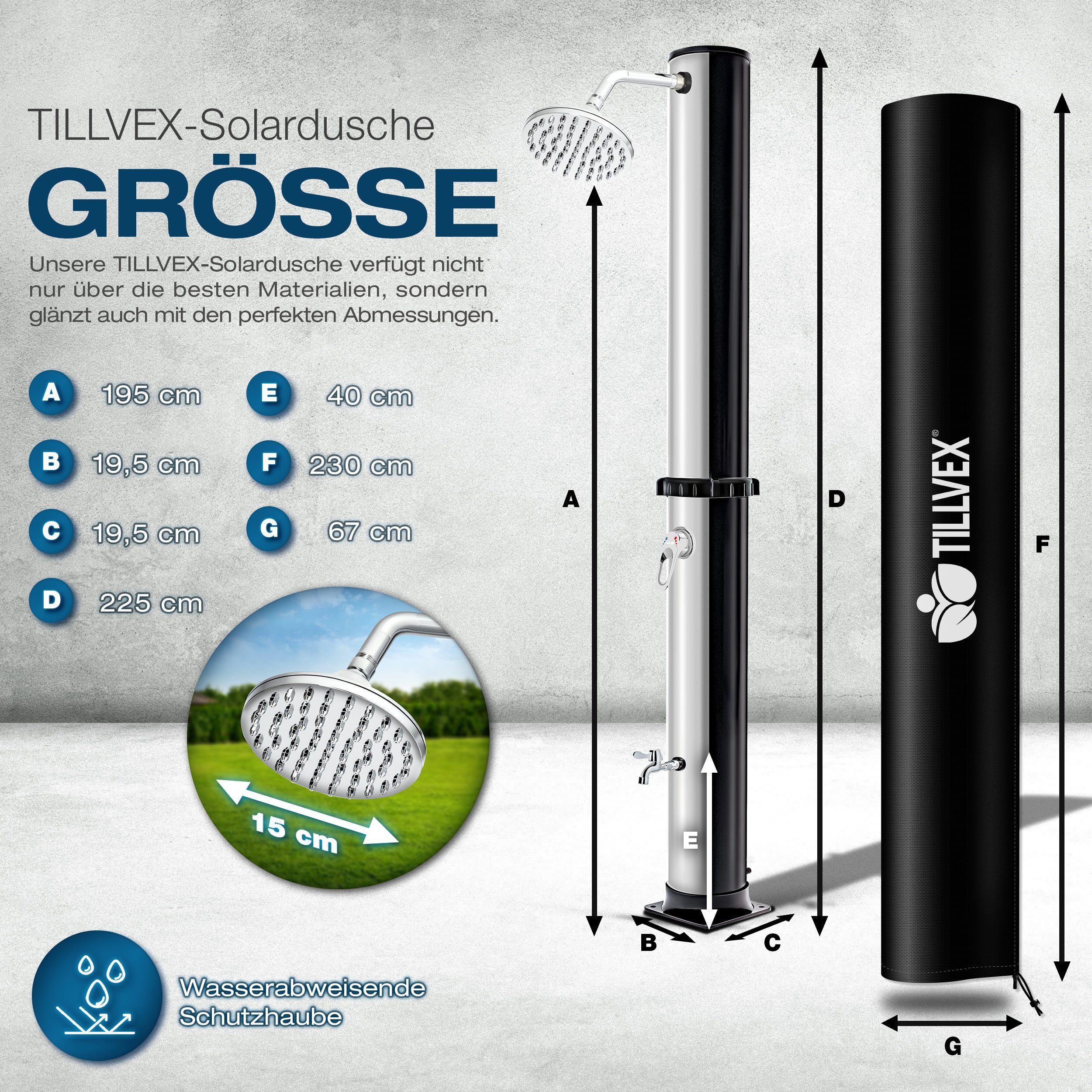 tillvex Solardusche 40 Liter inkl. Schutzhaube Solar Garten-dusche (mit Wasserhahn und Regenduschkopf Gartenschlauch-Anschluss), warmes Wasser Pooldusche Camping, ohne Stromanschluss