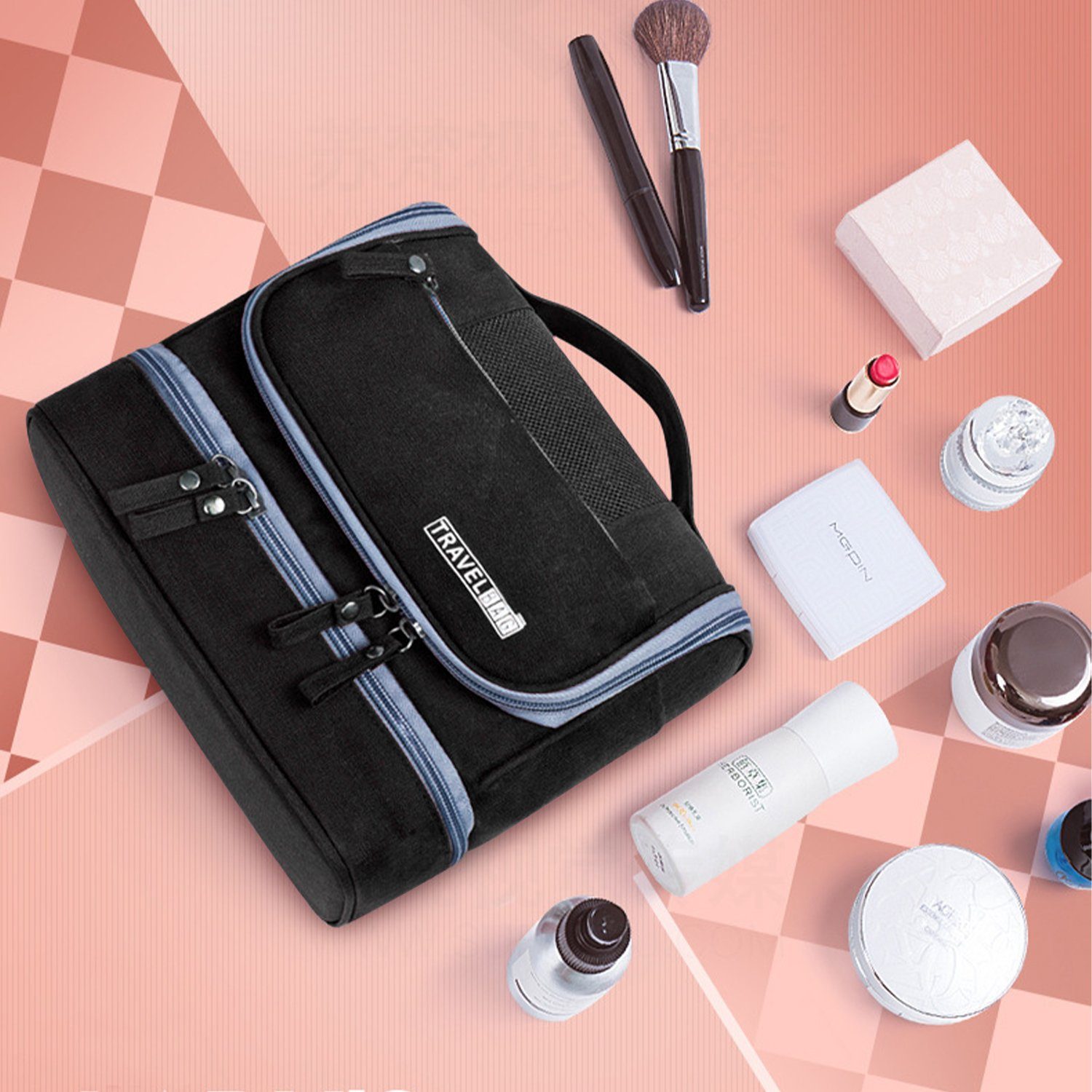 Vicbuy Kosmetiktasche Kosmetikbeutel mit Tragegriff, Kulturbeutel (Doppelschichtige Waschtasche, Reise Organizer, Toilettenartikel Aufbewahrungstasche, Kosmetiktasche, Waschbeutel mit Wasserdichte Schicht)