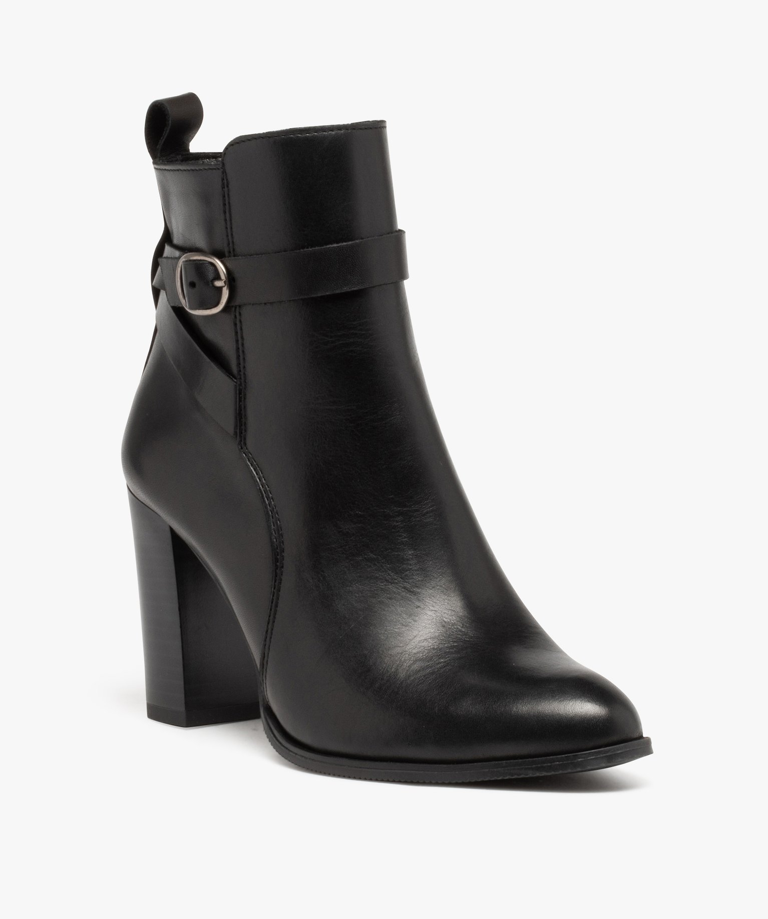 Boots femme en cuir uni à talon haut et brides fantaisie - ... noir | GEMO