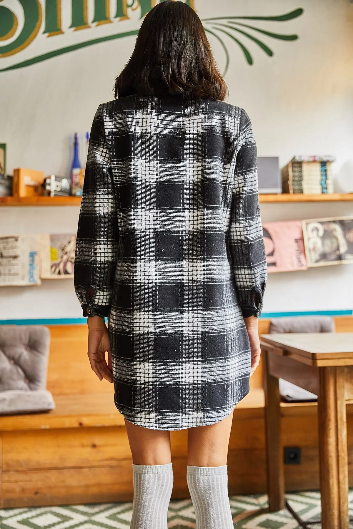 Olalook  Schwarzes gestreiftes Plaid Lumber Dick kariertes Tunika-Kleid für Damen ELB-19000836