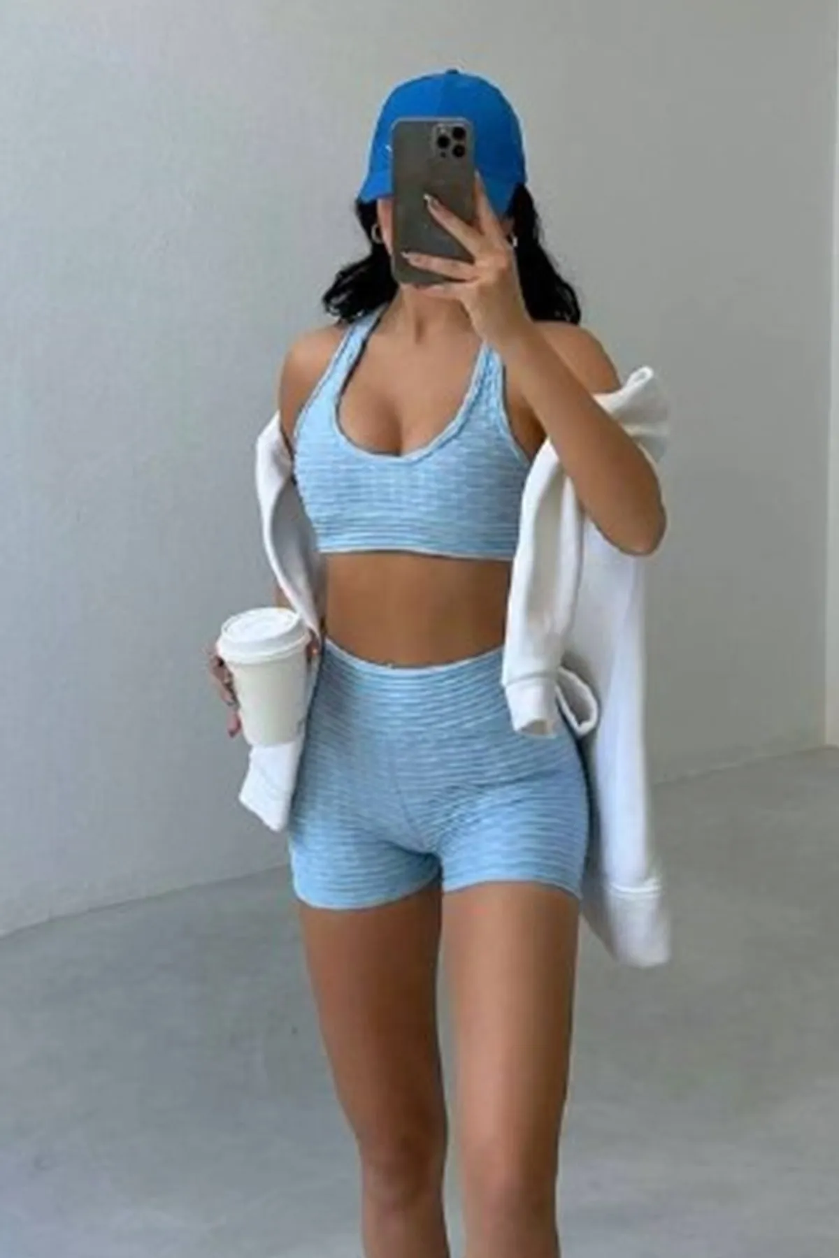 lovebox  Blaues Set aus kurzer Bluse und Shorts mit gekreuzten Streifen für Damen, 1252