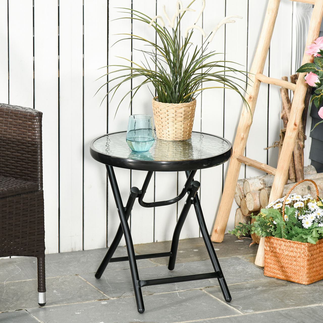 Outsunny Gartentisch Beistelltisch Bistrotisch mit Glasplatte rund klappbar Metall Ø45 schwarz