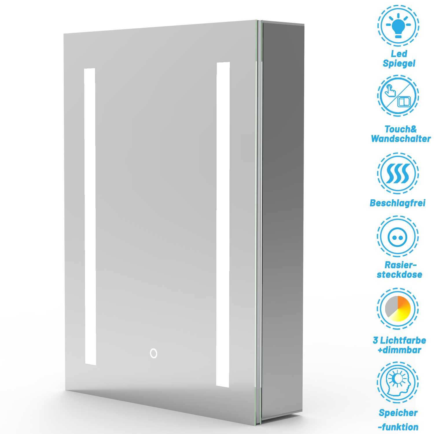 duschspa Badezimmerspiegelschrank 45-80 cm Touch/Wandschalter,Beschlagfrei, drei Lichtfarbe, Aluminum Rasierersteckdose, dimmbar, Memory