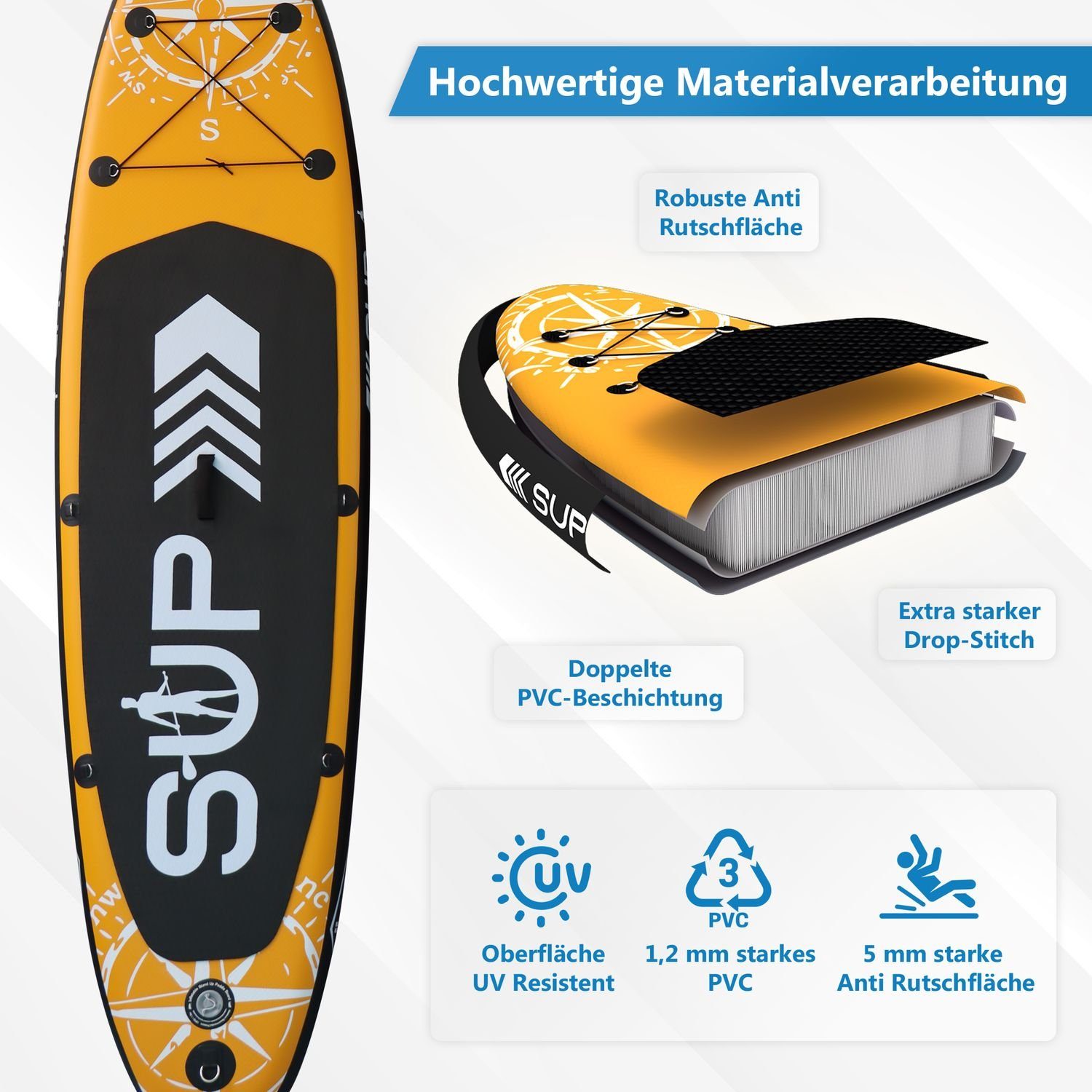 24Move SUP-Board Supboard Set, Premium Stand Up Paddleboard aufblasbar, inkl. Zubehör, Longboard, (Rucksack, Paddel, Action Cam ready, Doppelhub Pumpe, Sicherungsleine, 6 tlg., für Kinder & Erwachsene, ORANGE, 320x76, bis 180 kg), mit Drop Stich Tech