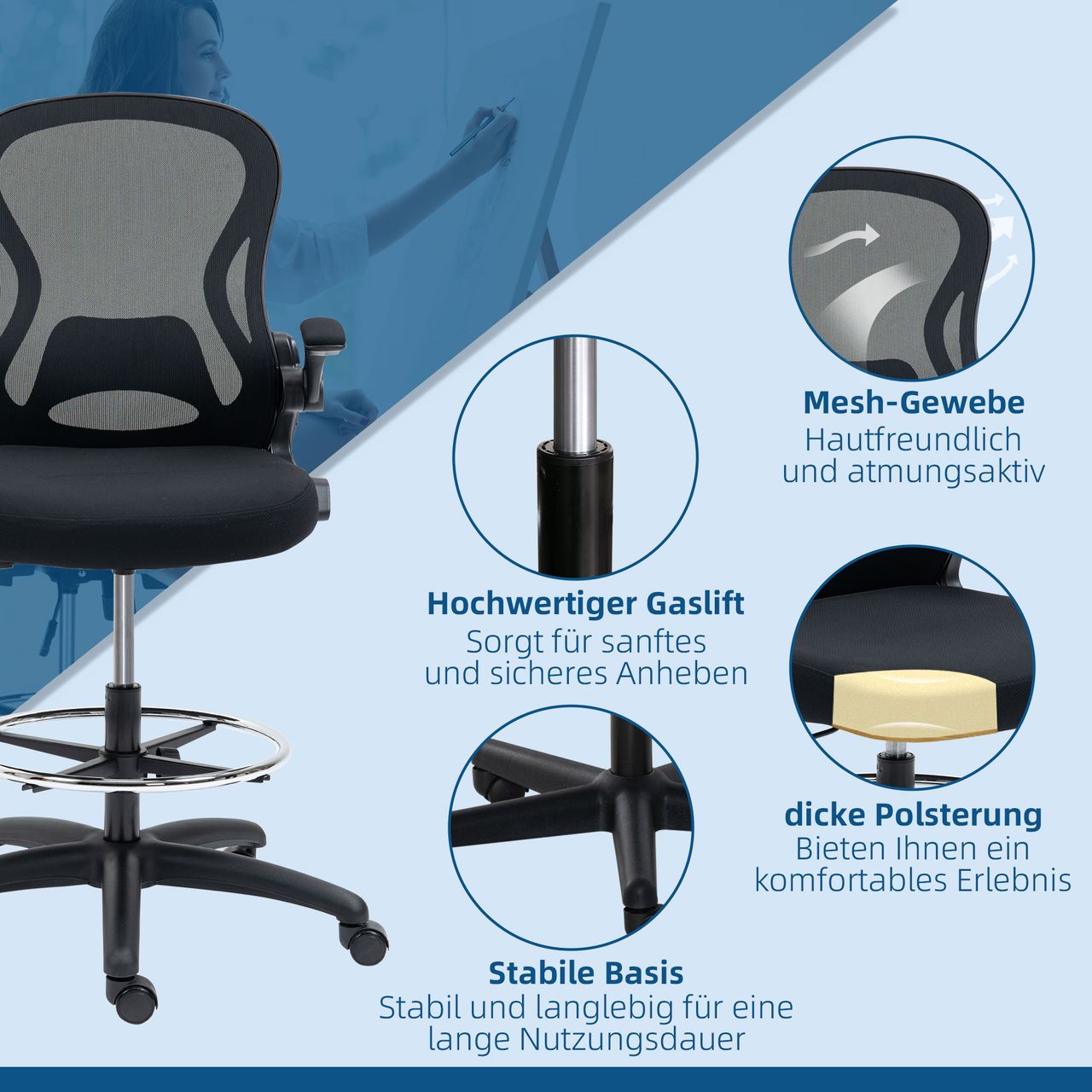 Vinsetto Zeichenstuhl, Höhenverstellbarer Bürostuhl, Ergonomischer Drehstuhl