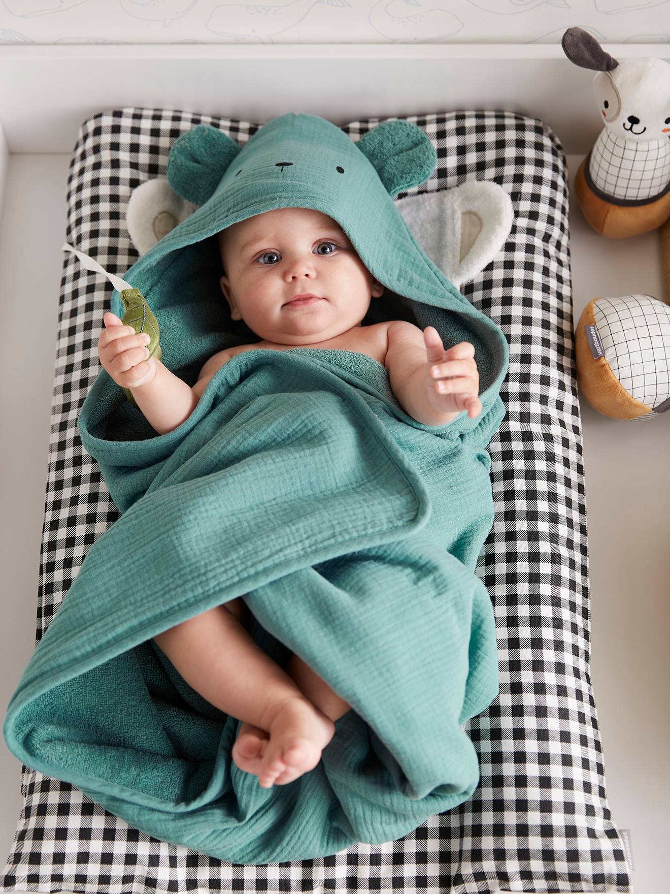 Cape de bain + gant en gaze de coton bio*, bleu
