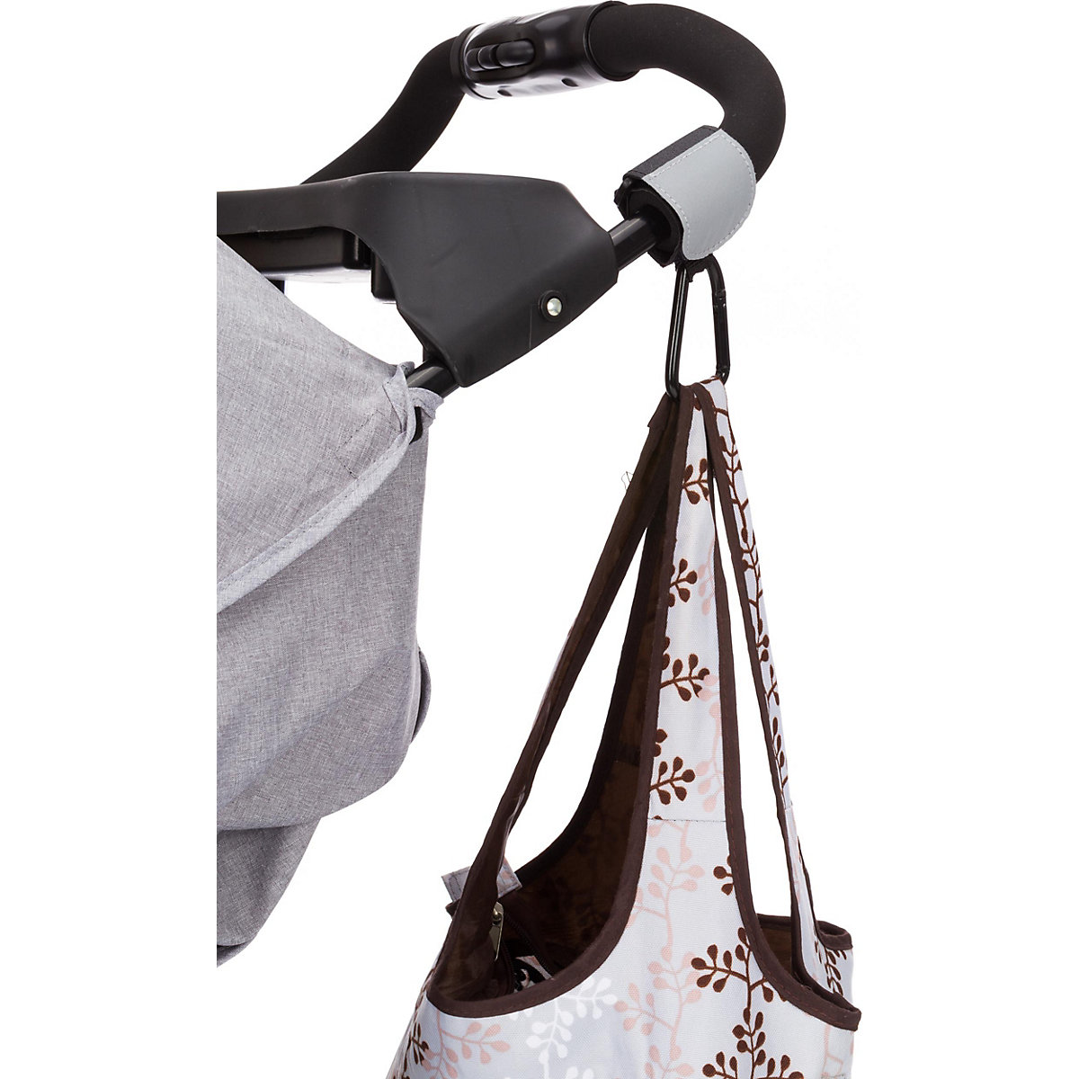 Karabinerhalterung für Kinderwagen und Buggys schwarz mit Reflektor