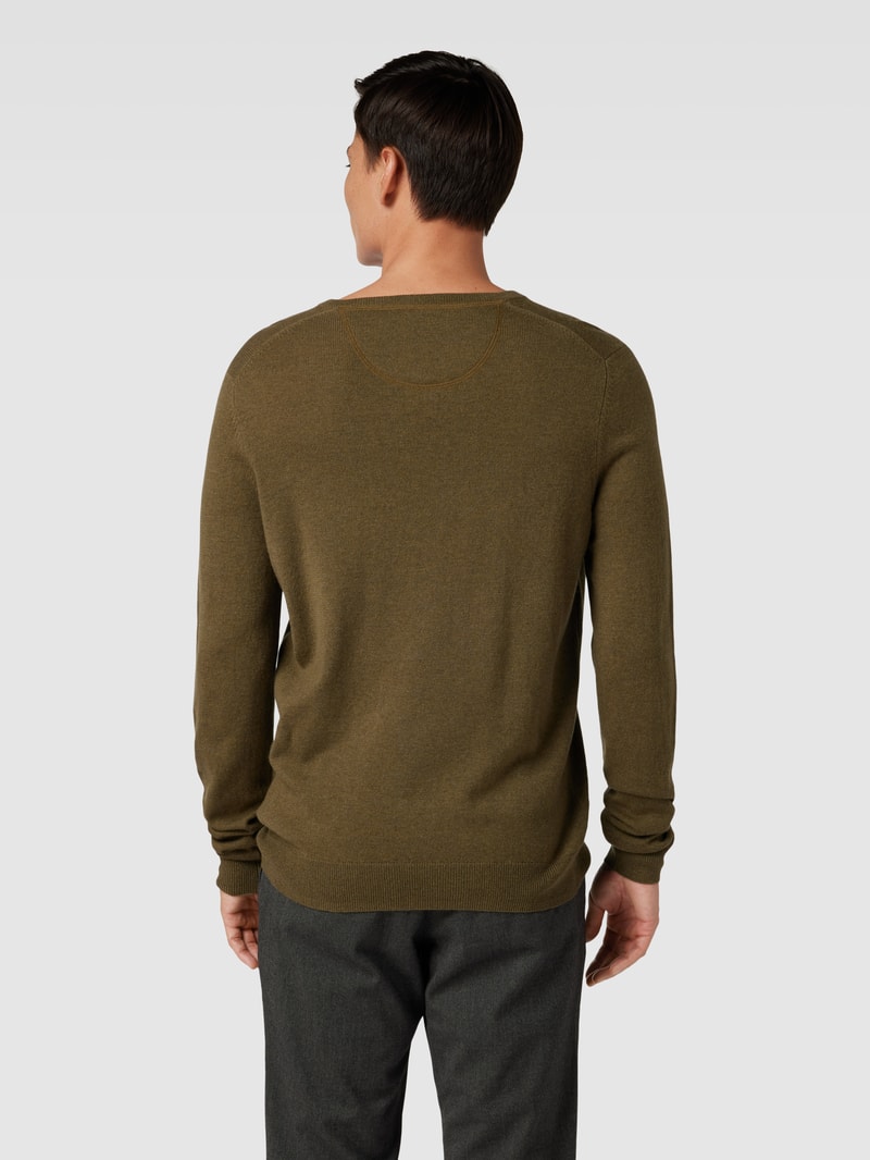 Strickpullover mit Logo-Stitching in dunkelgrün meliert