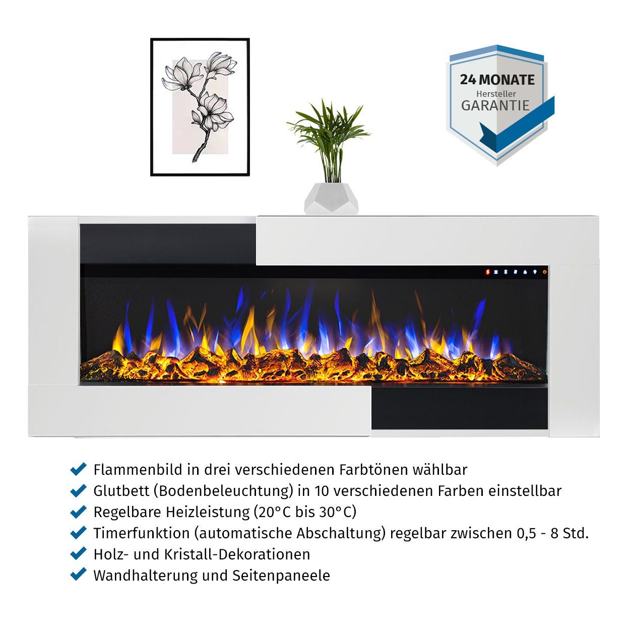 GLOW FIRE Elektrokamin Insert Tetris Wandkamin elektrisch mit Heizung, Elektrischer Kamin mit Fernbedienung, Timer, 3D Flammenspiel, LED Feuer