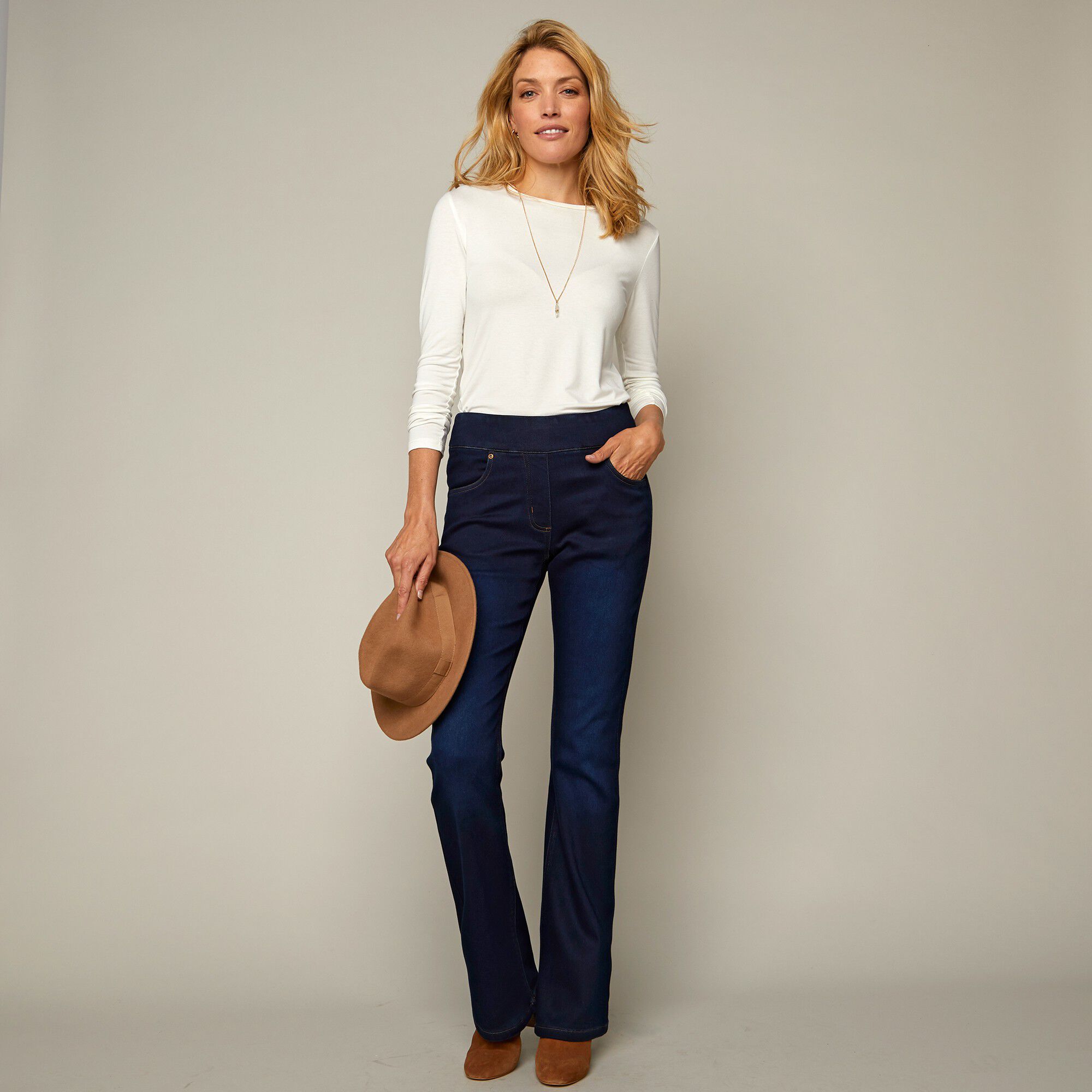 Jean bootcut ultra stretch, maille effet jean, grande stature