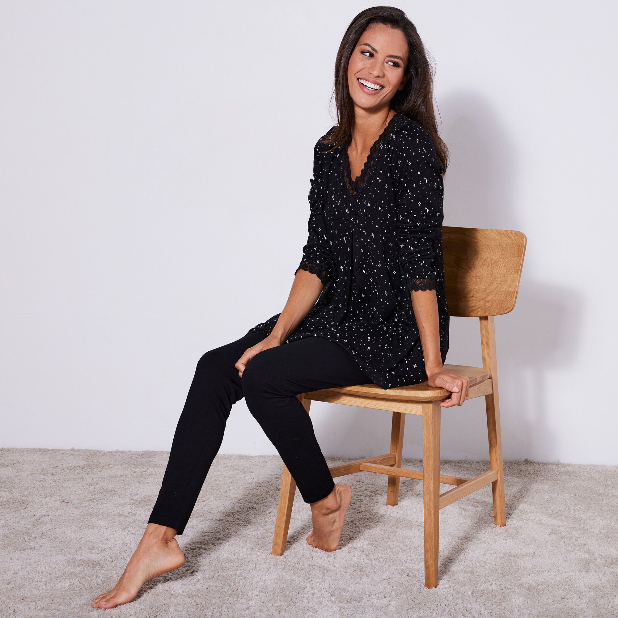 Pyjama legging manches longues finitions dentelle
