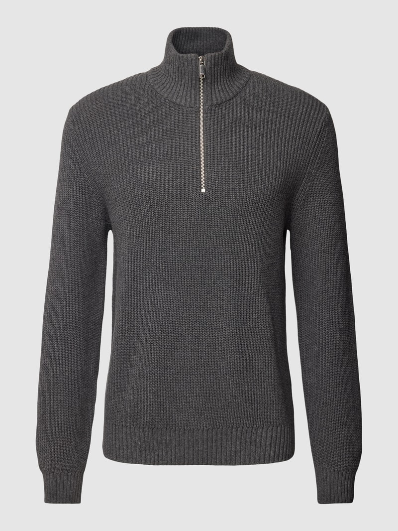 Strickpullover mit Stehkragen in dunkelgrau meliert