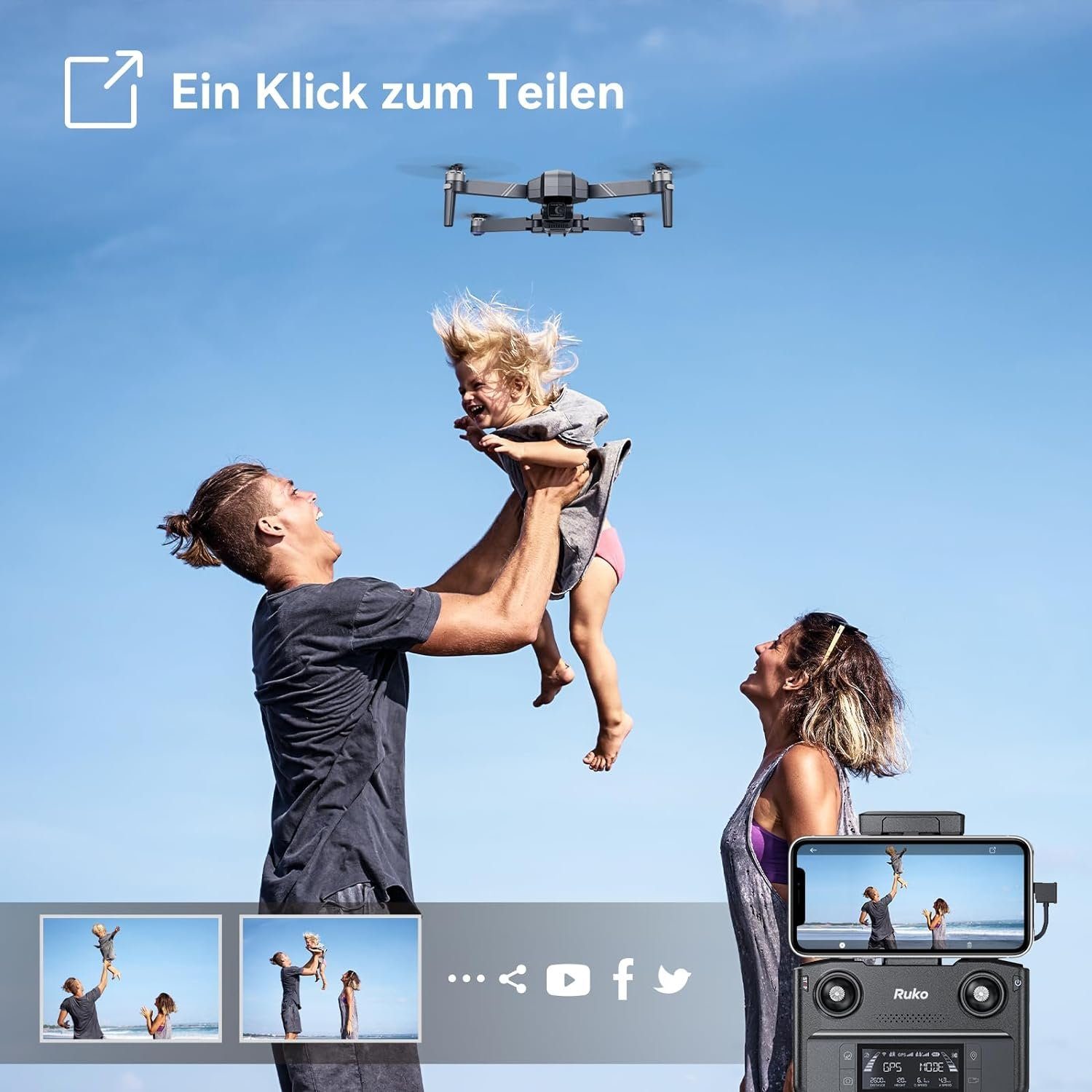 Ruko F11GIM2 Drohne (3840x2160, mit Kamera 4K,Achsen+EIS-Anti-Shake,Windstärke 6, Optimiertes Handling Stabile Aufnahmen,64 Min.Flugzeit, GPS-Funktionen)