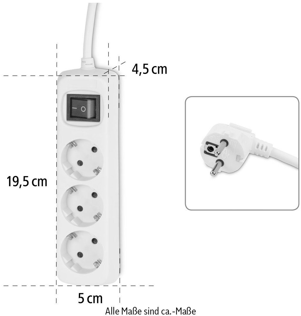 Hama Mehrfachsteckdose, 3-fach, Steckerleiste mit Schalter, 3 m Kabel, weiß Steckdosenleiste 3-fach (Kabellänge 3 m), Mehrfachsteckdose, Steckerleiste mit Schalter
