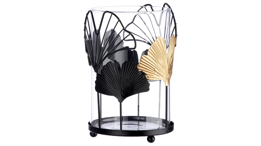 GILDE Windlicht Ginkgo H=16cm Schwarz