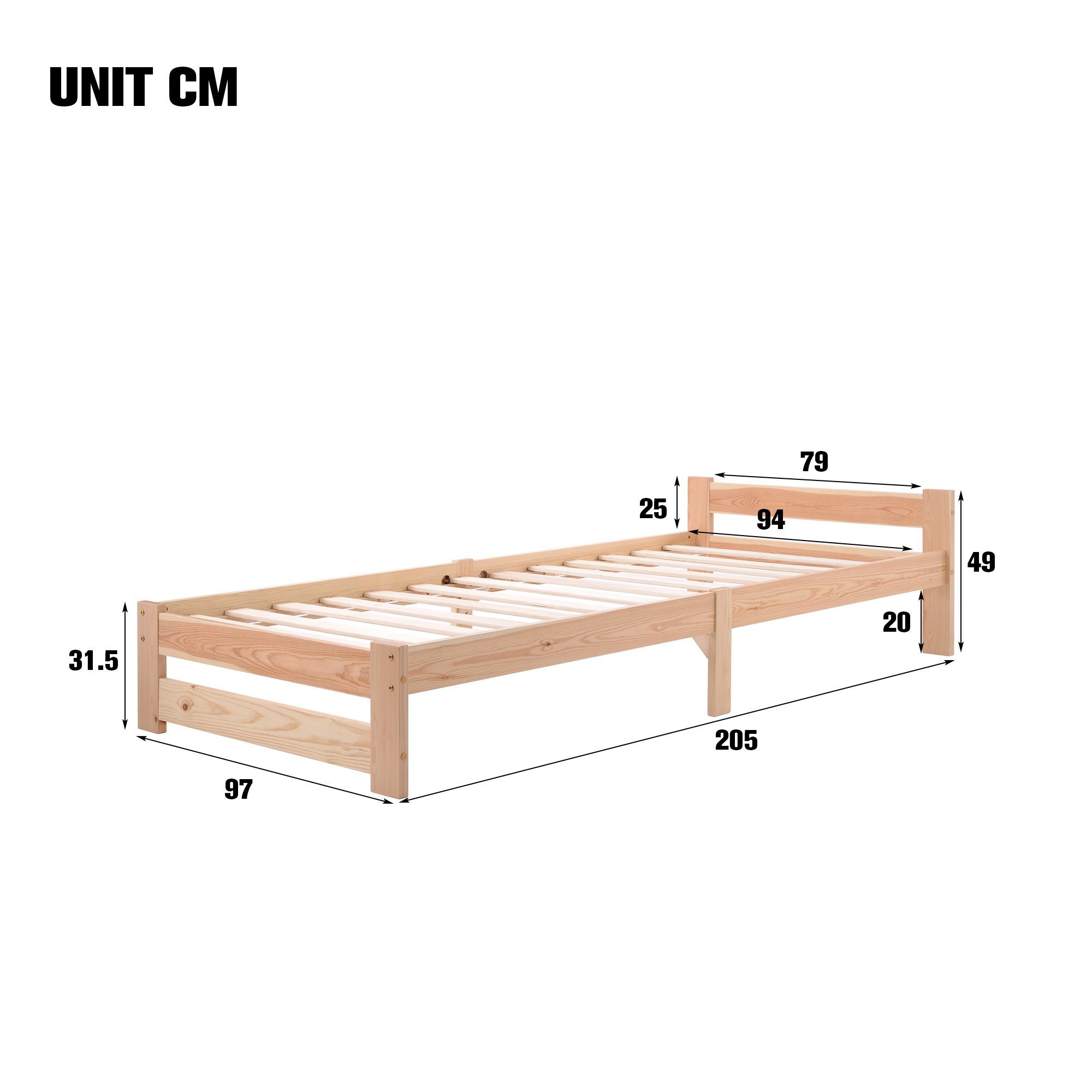 Merax Massivholzbett mit Kopfteil und Lattenrost, Futonbett, Einzelbett 90x200 cm