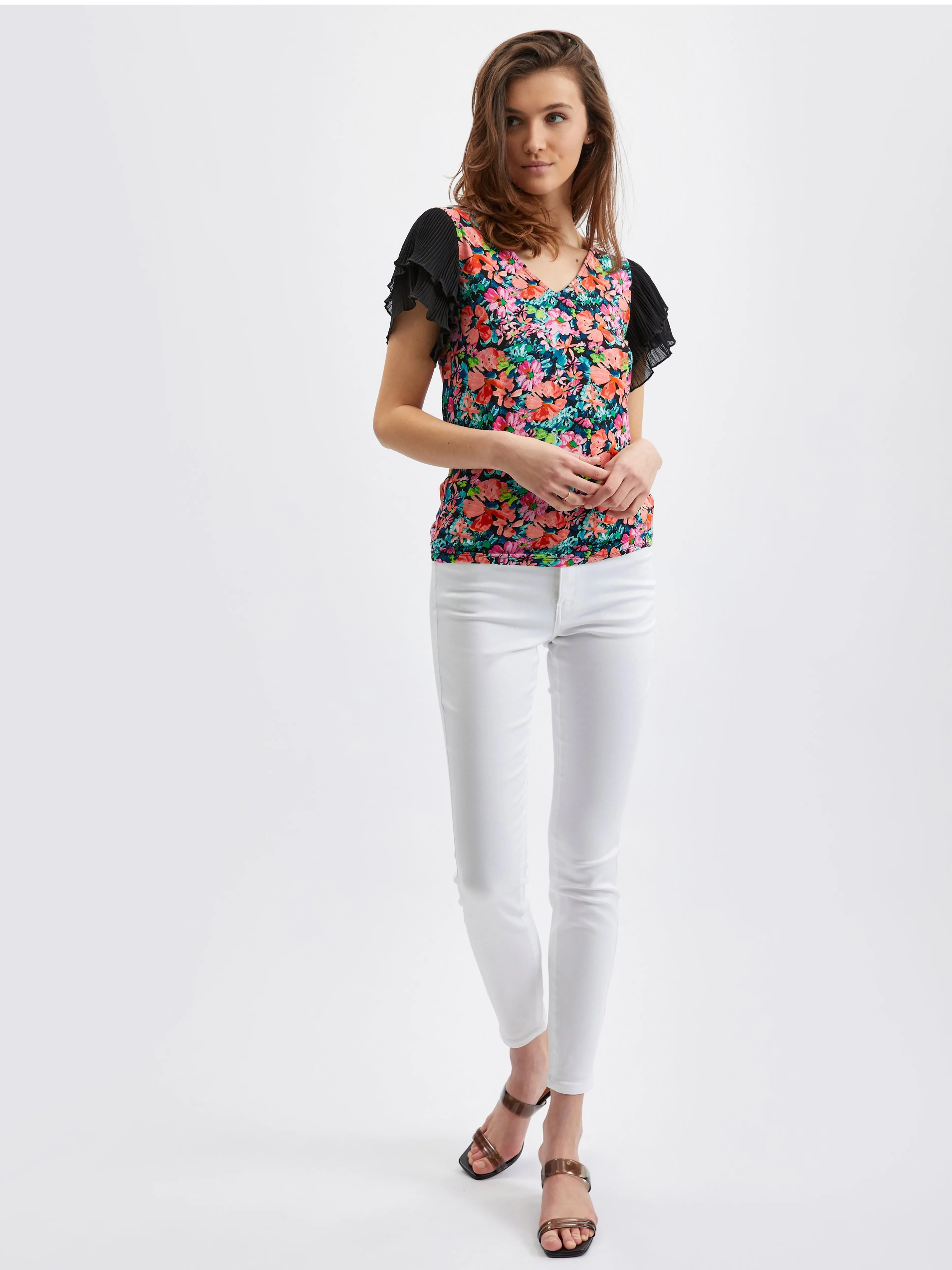 Blaue und schwarze Damenbluse mit Blumen ORSAY