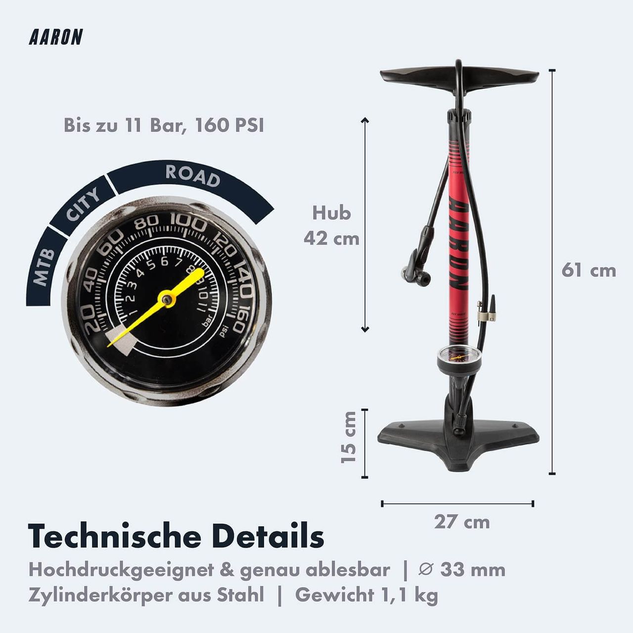 AARON Luftpumpe Sport One in Rot Fahrrad-Stand-Pumpe für alle Ventile mit Manometer
