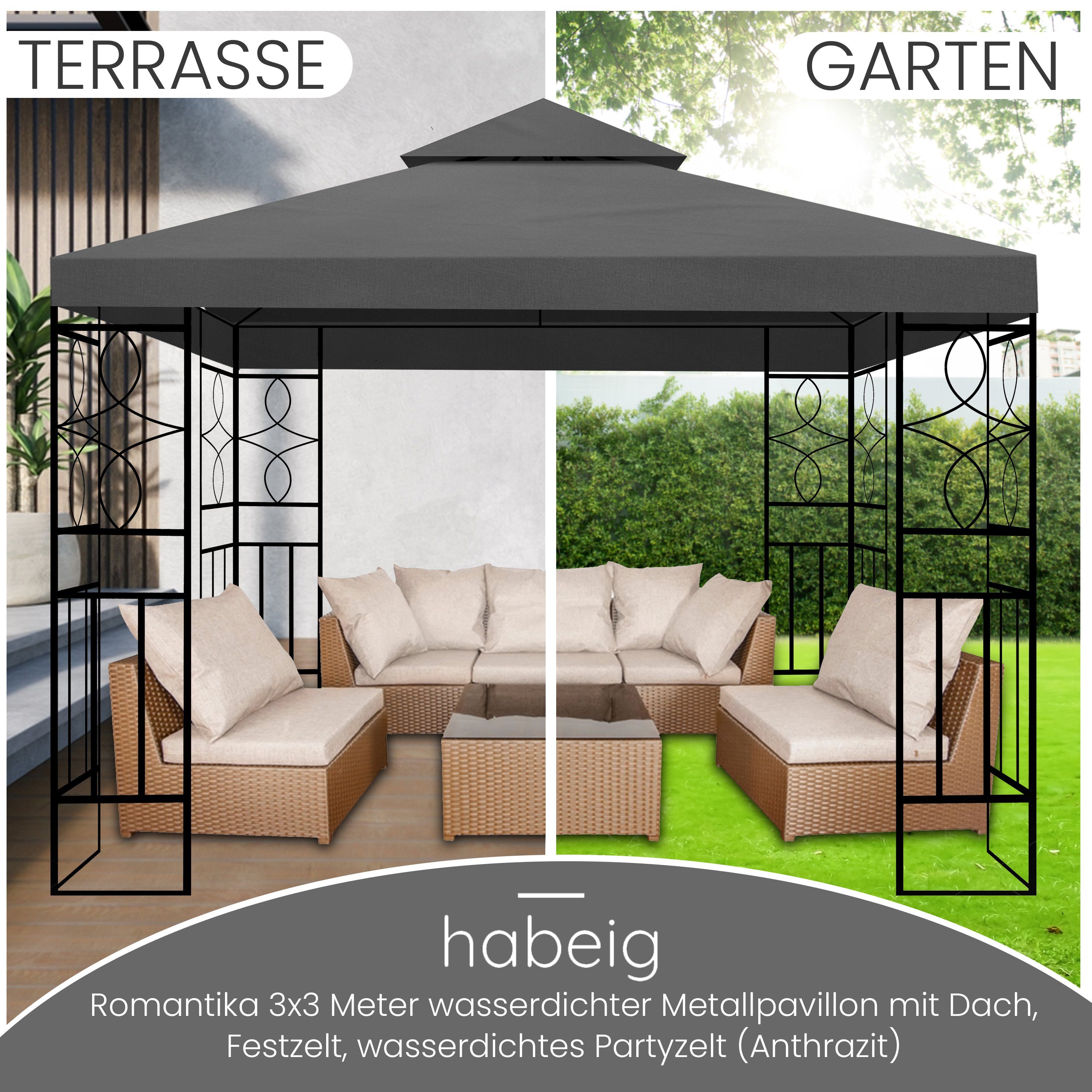 habeig Pavillon WASSERDICHTER Pavillon Romantika 3x3m Metall inkl. Dach wasserfest