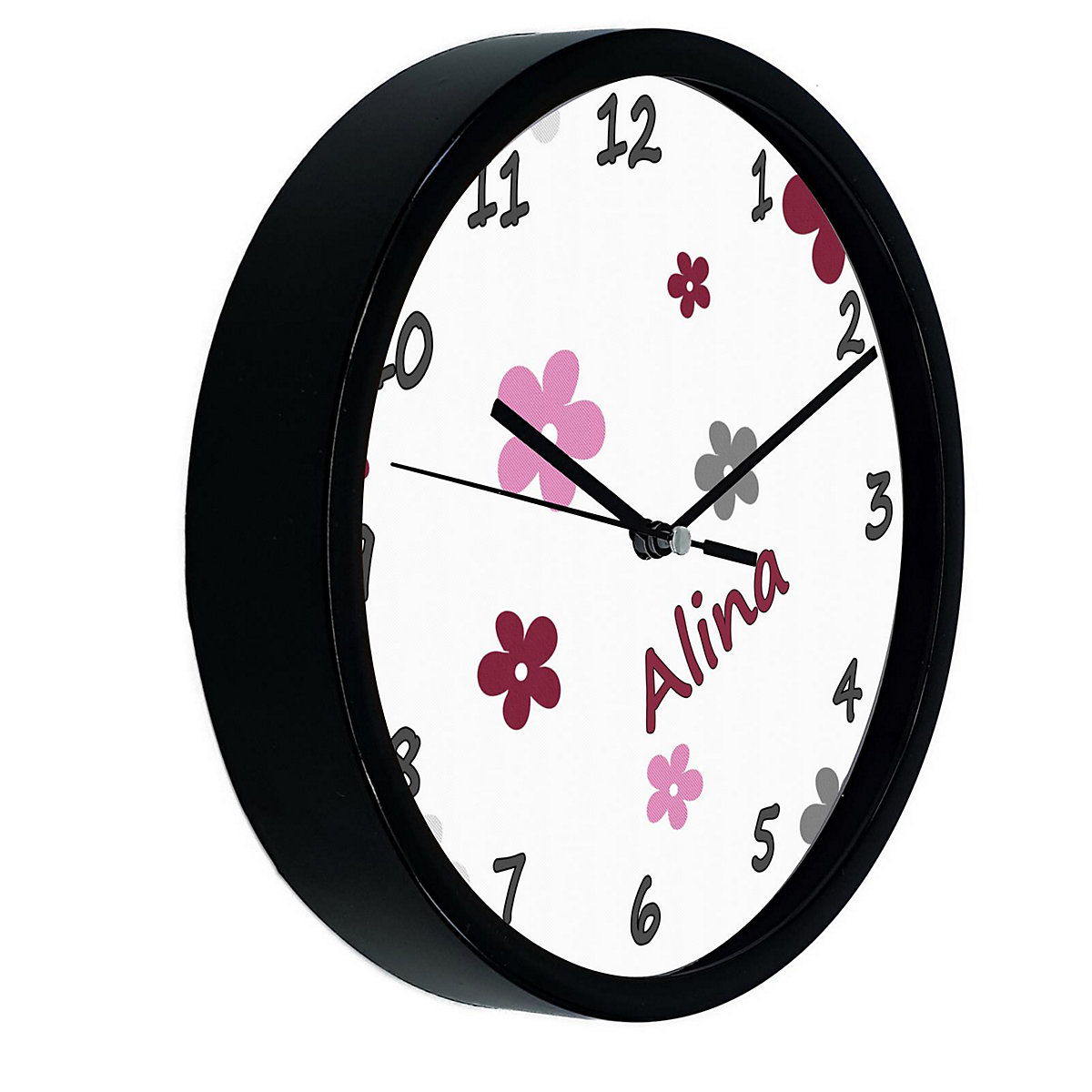 Kinder Wanduhr personalisiert mit Name Blumen Brombeere Grau