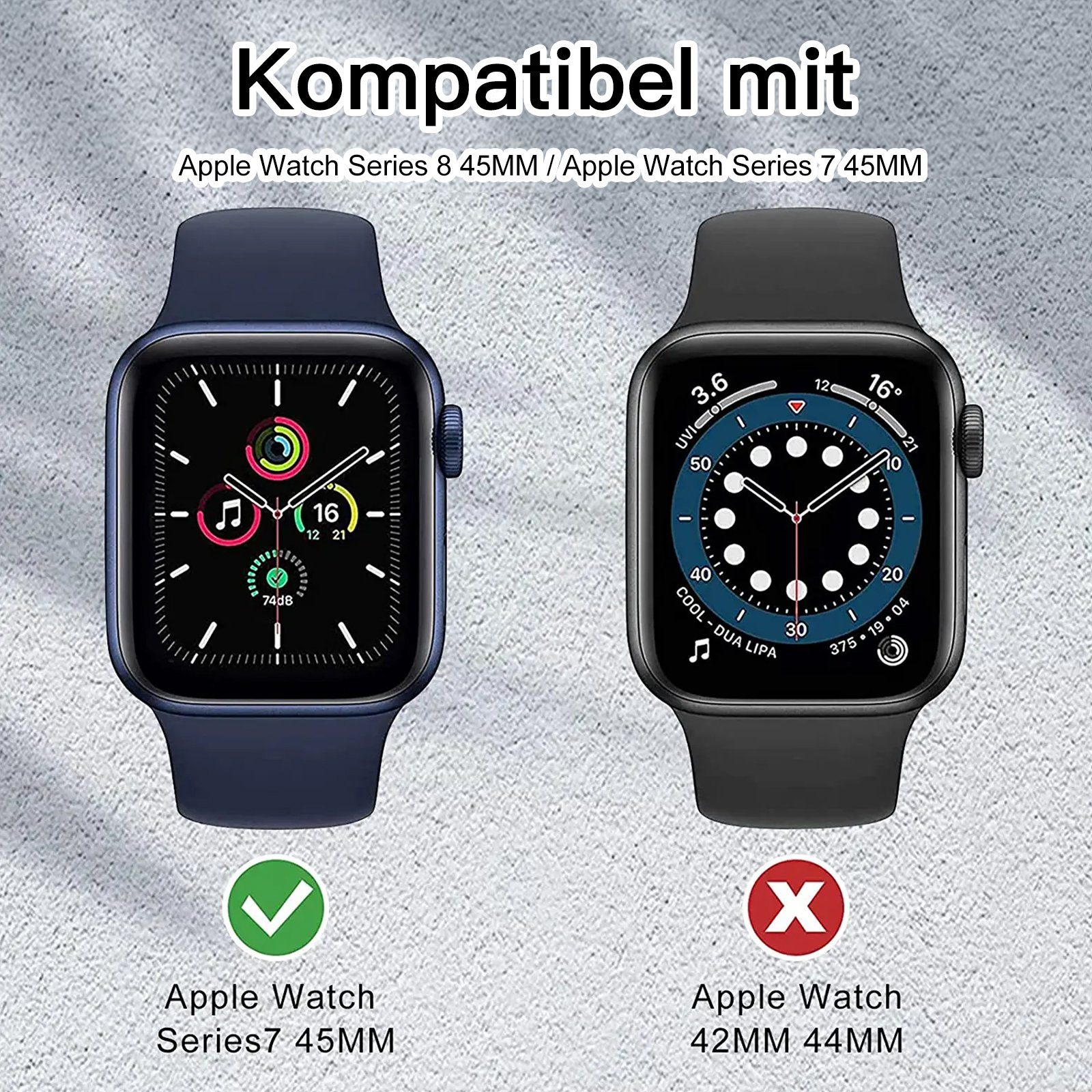 edimens Smartwatch-Hülle Schutzhülle für Apple Watch 9 8 7 45mm Stoßfest Kratzfest Glasfolie 45mm, Gehäuse und Membran sind integriert, schützen Sie Ihre Uhr rundum