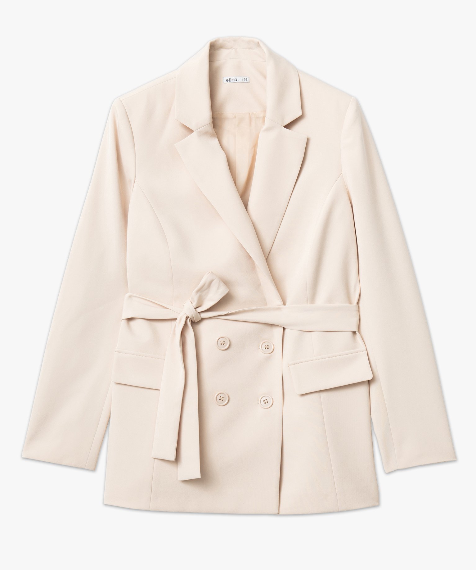 Veste blazer longue fermeture croisée avec ceinture femme beige | GEMO