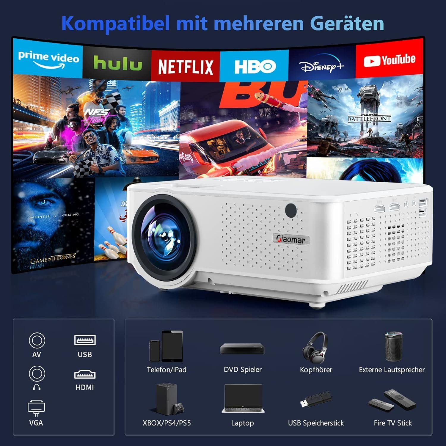 Vigpil 4K Full HD Mini Heimkino, 5G WiFi,Bluetooth, Outdoor Portabler Projektor (15000 lm, 15000:1, 3840 x 2160 px, Home Video Beamer Kompatibel mit iOS/Android/HDMI/USB/VGA/PS5/TV Stick)