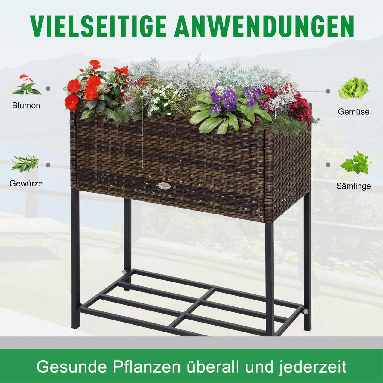 Outsunny Poly Rattan Hochbeet Blumentopf Blumenkasten mit Füßen mit Ablage