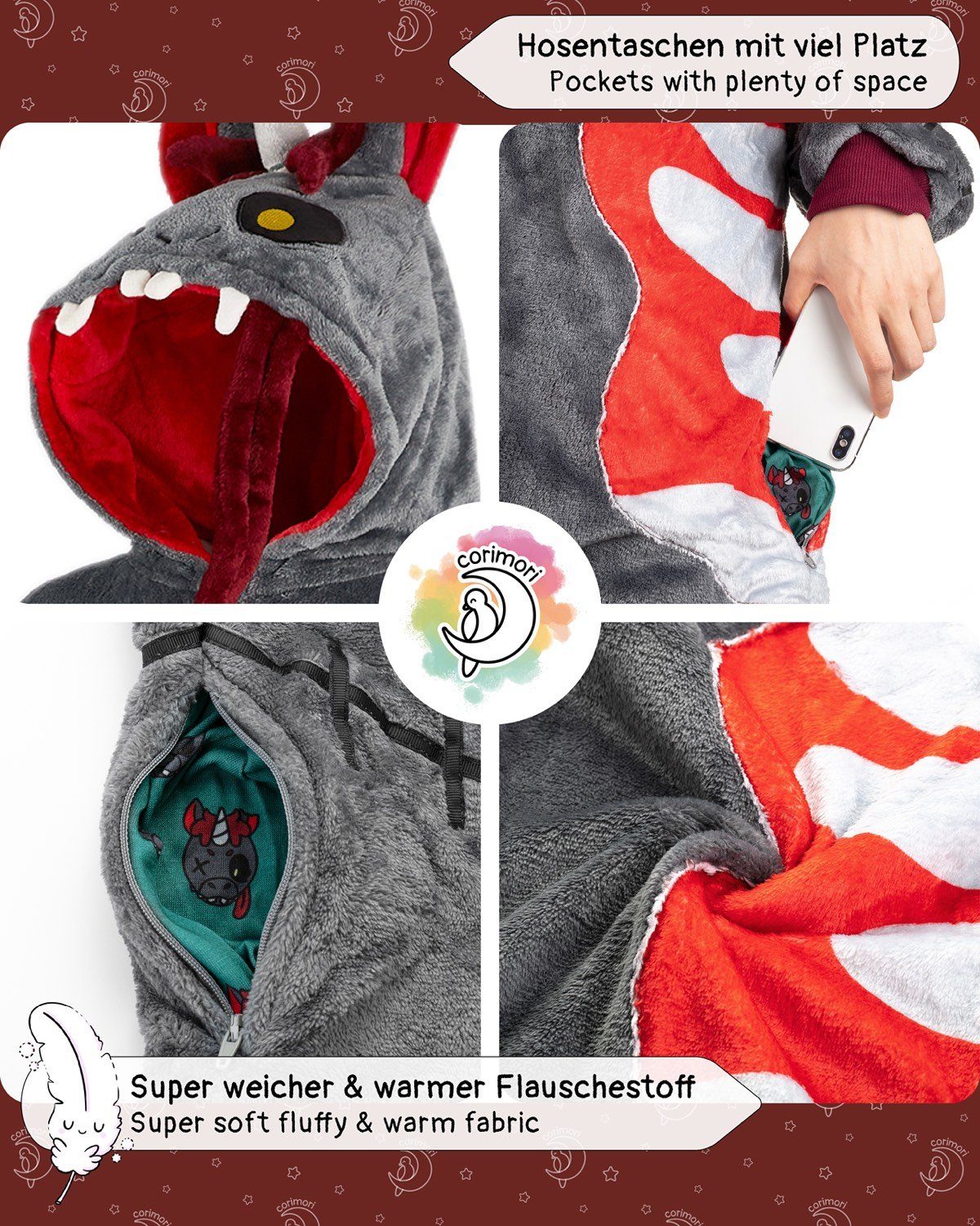 Corimori Jumpsuit Flauschiges Zombie Einhorn Kostüm für Kinder (2-tlg) mit Haarreif, Onesie, Mädchen, Jungen, Karneval, Fasching, Halloween