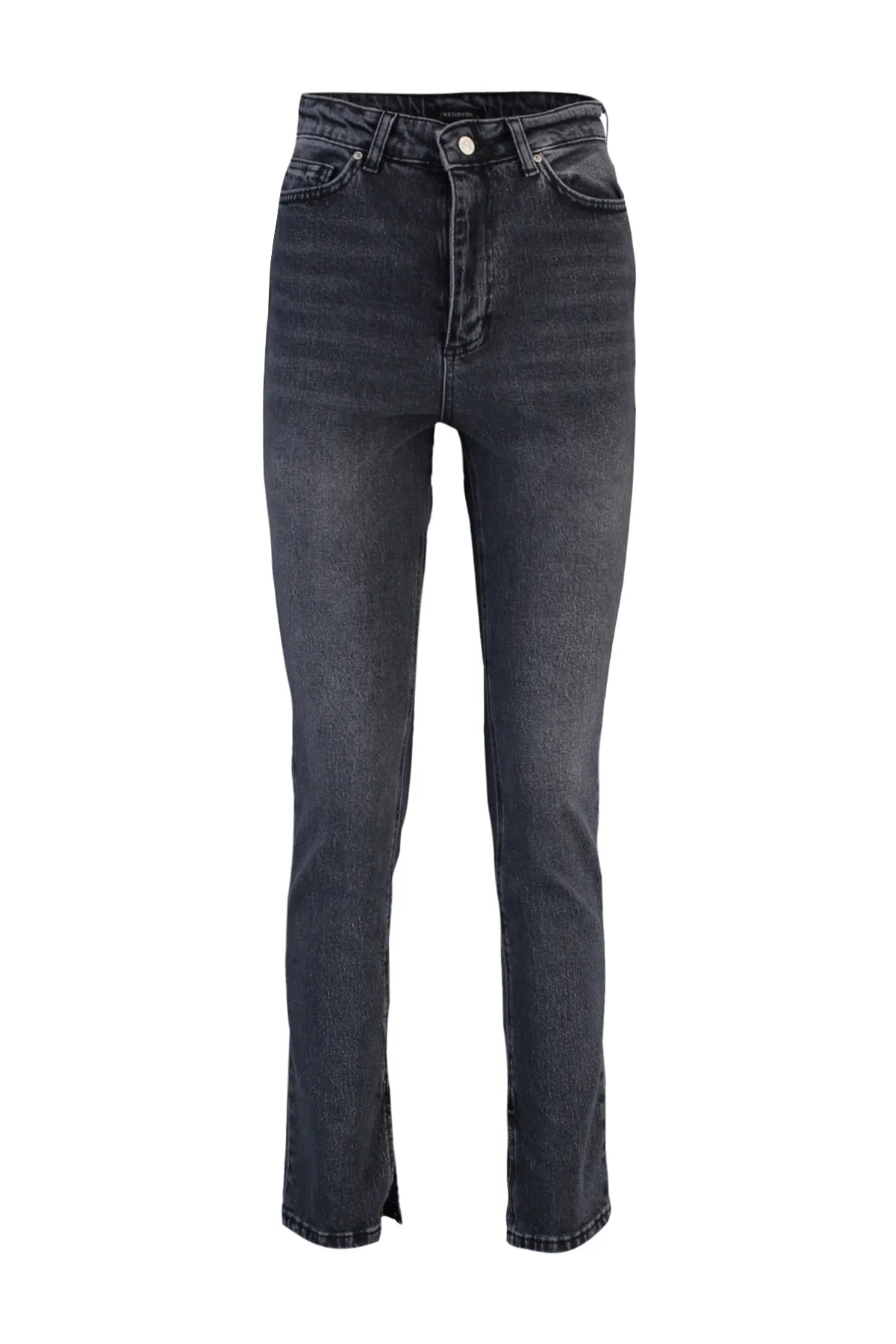 Trendyol Collection  Schwarze Jeans mit Schlitz und hoher Taille, gerader Schnitt, TWOSS22JE0430