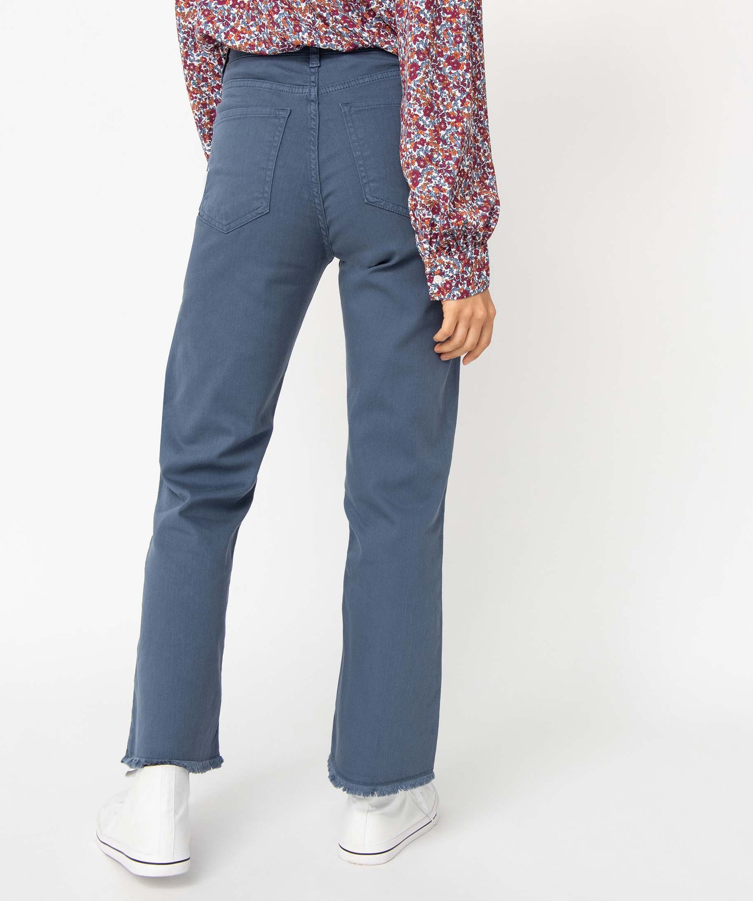 Jean femme large avec finitions franges longueur 7/8ème bleu | GEMO