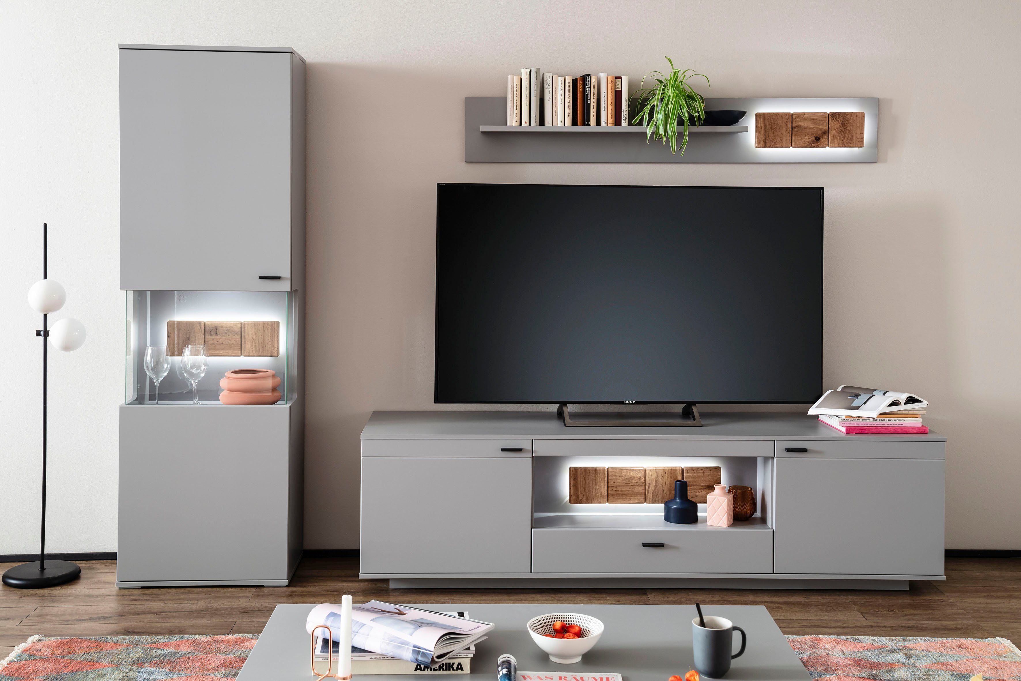MCA furniture Wohnwand Zadar, (3-St), moderne Wohnwandkombination in Arktis Grau, wahlweise mit Beleuchtung
